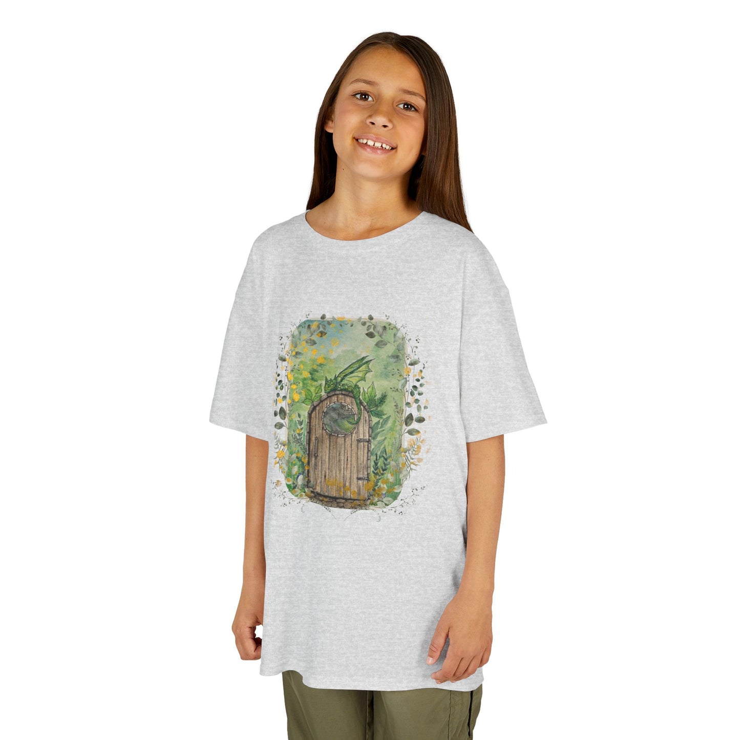 Whimsical Dragon Garden Door Kids Tee, Playful Cotton T-Shirt for Boys and Girls, Nature-Inspired Apparel, Perfect Gift for Birthdays