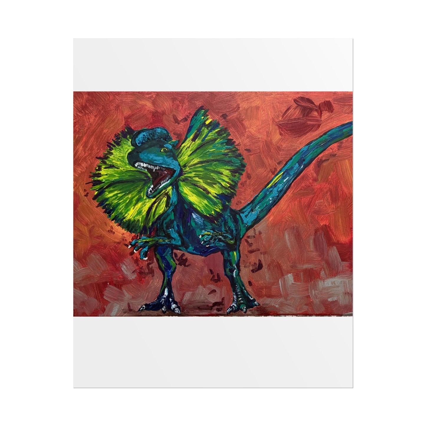 Vibrant Dinosaur Dilophosaurus Art Poster, Whimsical Wall Décor, Home Office Prints, Kids Room Decoration, Unique Gift Idea