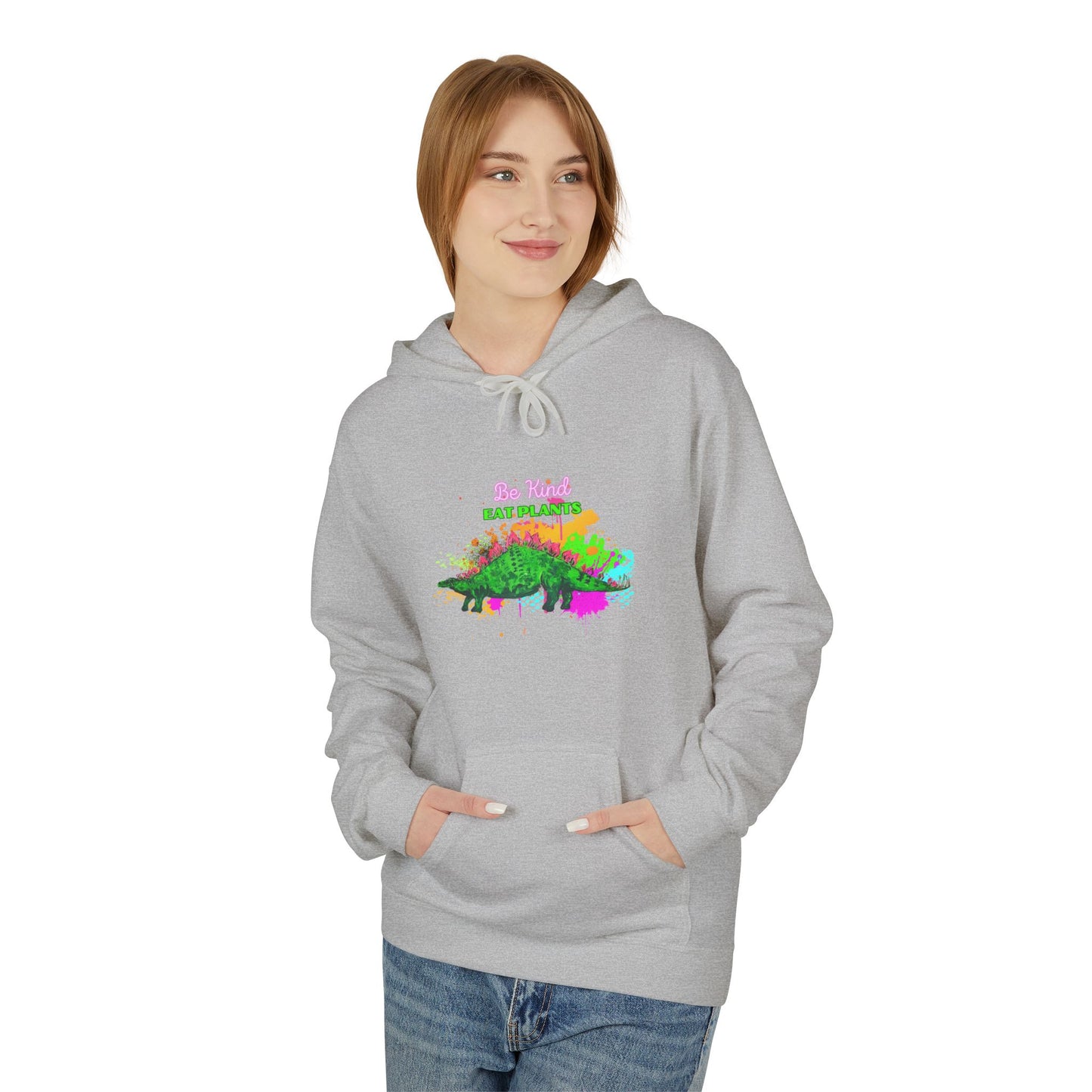 Vibrant Inspirational Steggy Dino Hoodie, Be KIND eat Plants, Colorful Fleece Sweatshirt, Casual Wear, Gift for Friends, Motivation Apparel