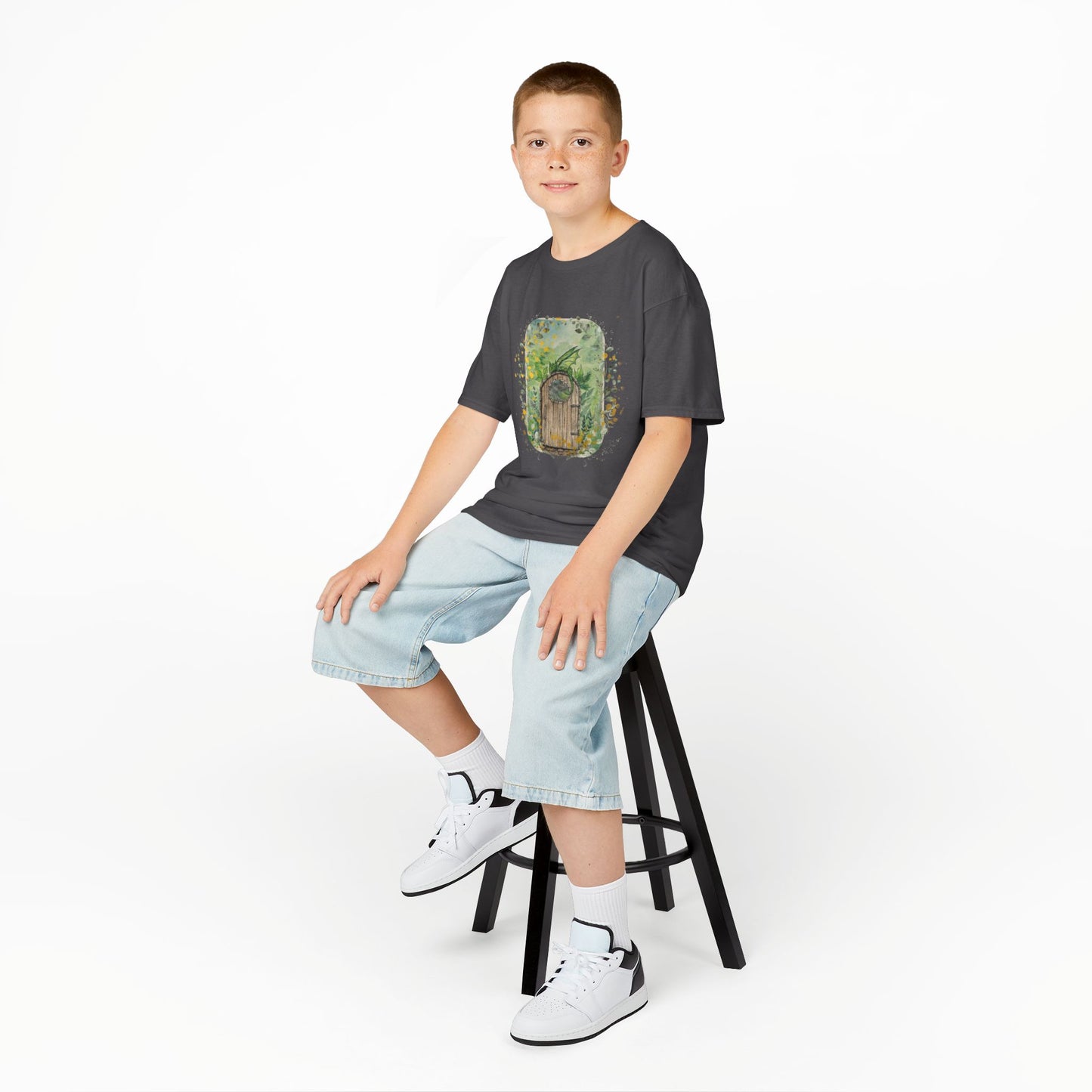 Whimsical Dragon Garden Door Kids Tee, Playful Cotton T-Shirt for Boys and Girls, Nature-Inspired Apparel, Perfect Gift for Birthdays