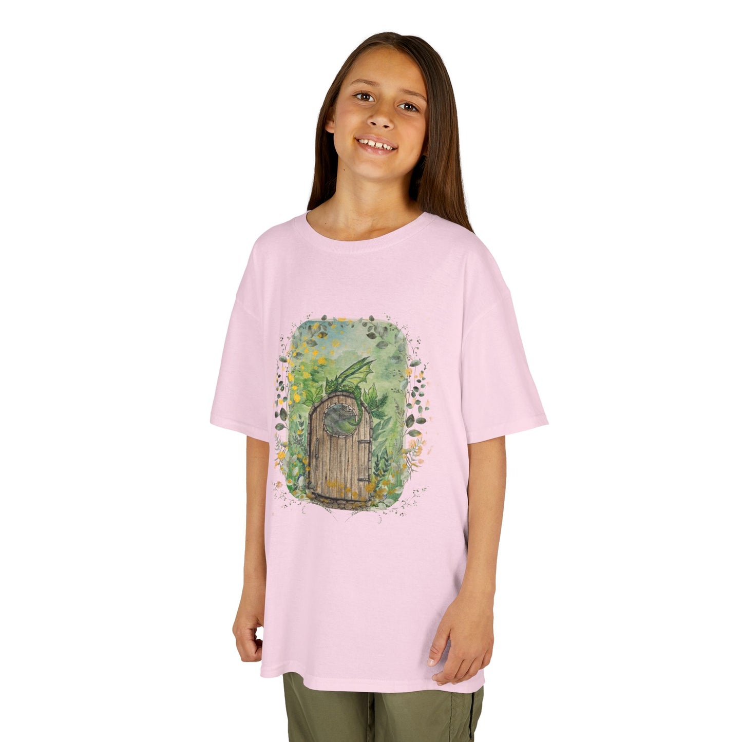 Whimsical Dragon Garden Door Kids Tee, Playful Cotton T-Shirt for Boys and Girls, Nature-Inspired Apparel, Perfect Gift for Birthdays