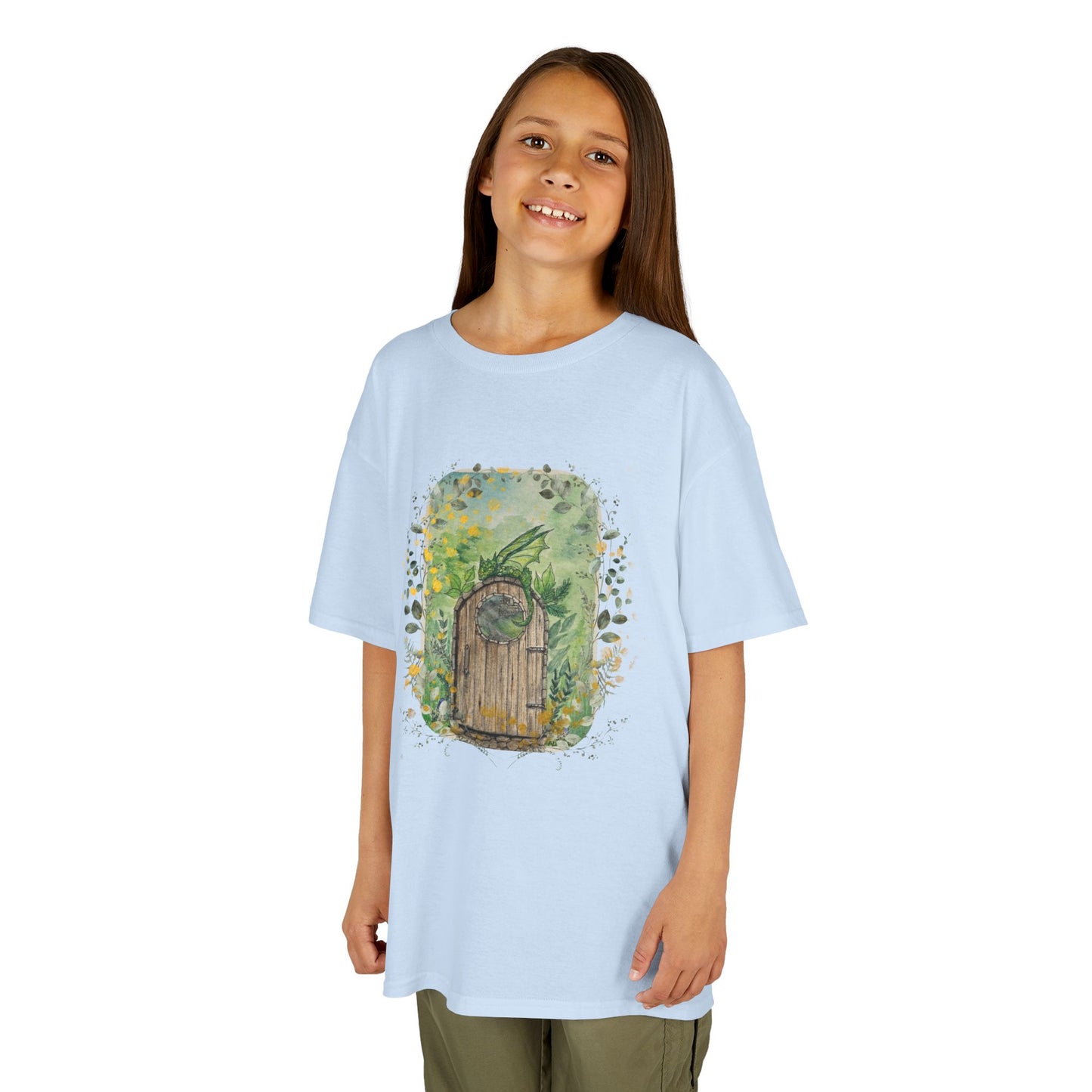 Whimsical Dragon Garden Door Kids Tee, Playful Cotton T-Shirt for Boys and Girls, Nature-Inspired Apparel, Perfect Gift for Birthdays