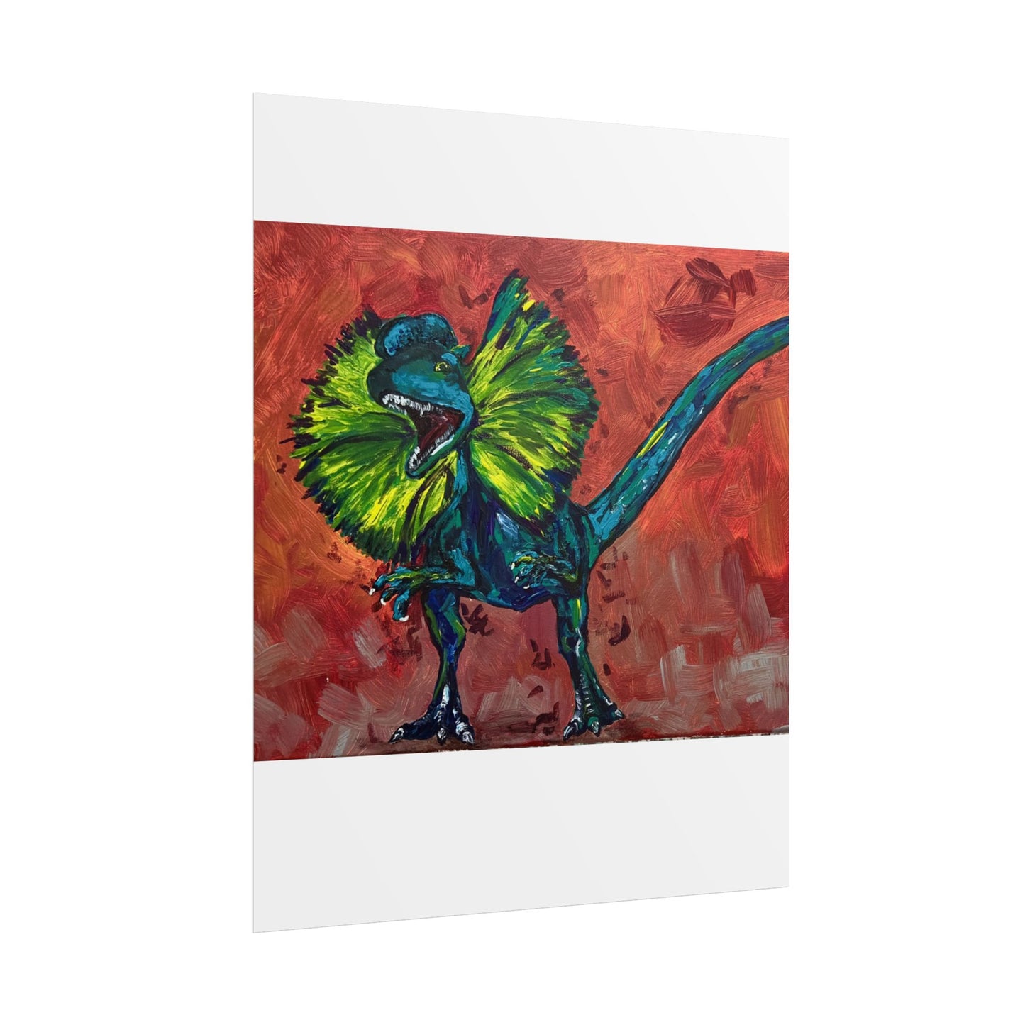 Vibrant Dinosaur Dilophosaurus Art Poster, Whimsical Wall Décor, Home Office Prints, Kids Room Decoration, Unique Gift Idea