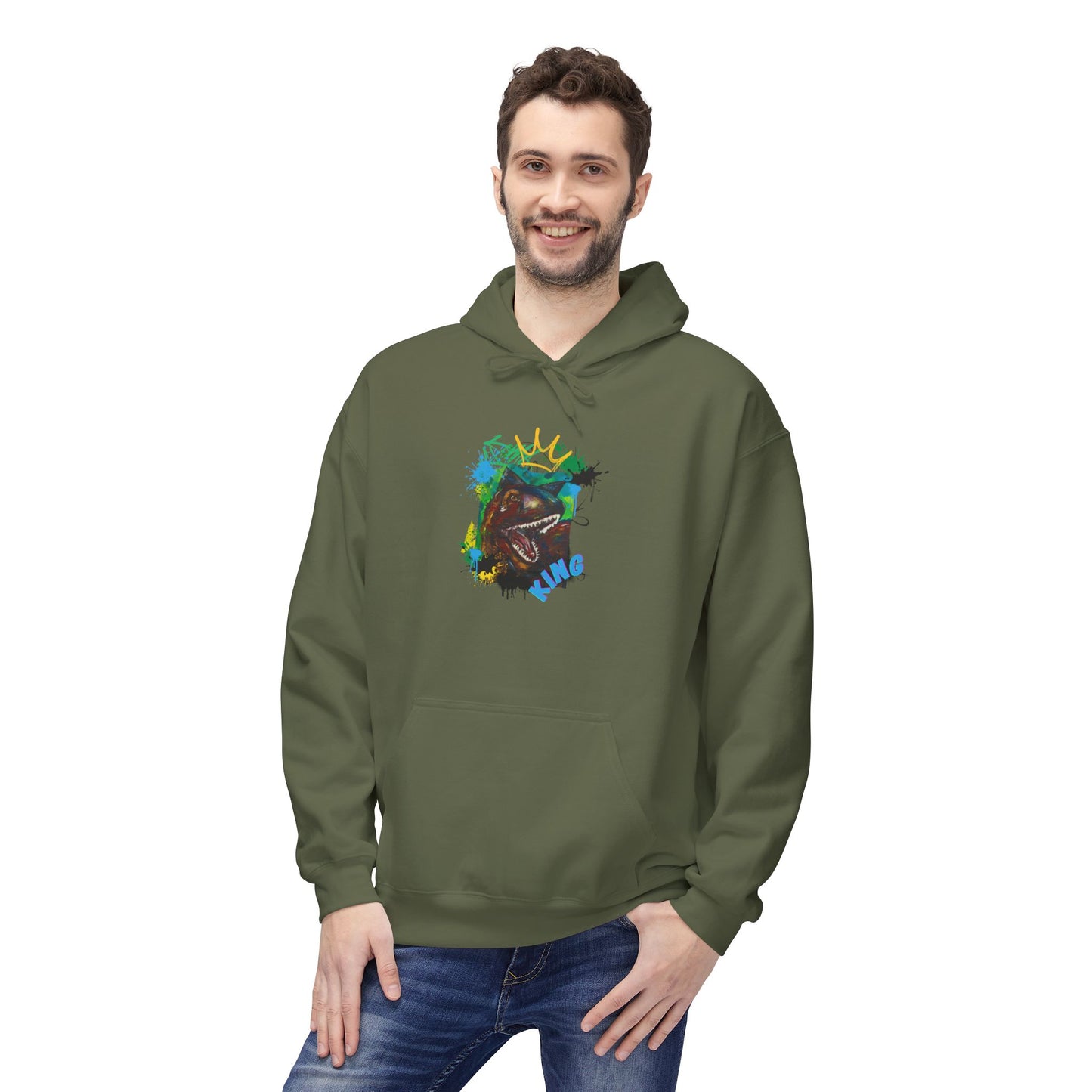 Artistic T-Rex Dino KING Fleece Hoodie, Cozy Sweatshirt, Colorful Hoodie for Art Lovers, Unisex Pullover, Great for Gifts, Casual Wear