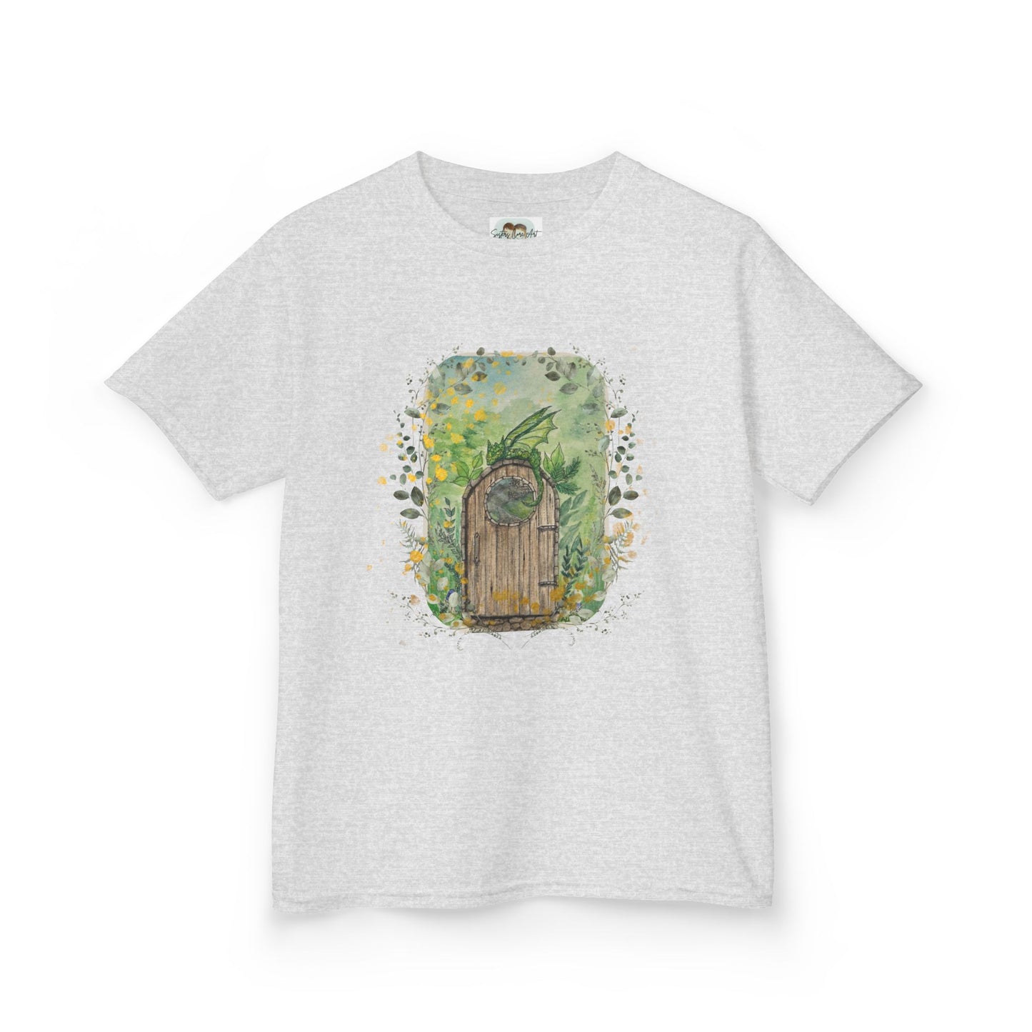 Whimsical Dragon Garden Door Kids Tee, Playful Cotton T-Shirt for Boys and Girls, Nature-Inspired Apparel, Perfect Gift for Birthdays