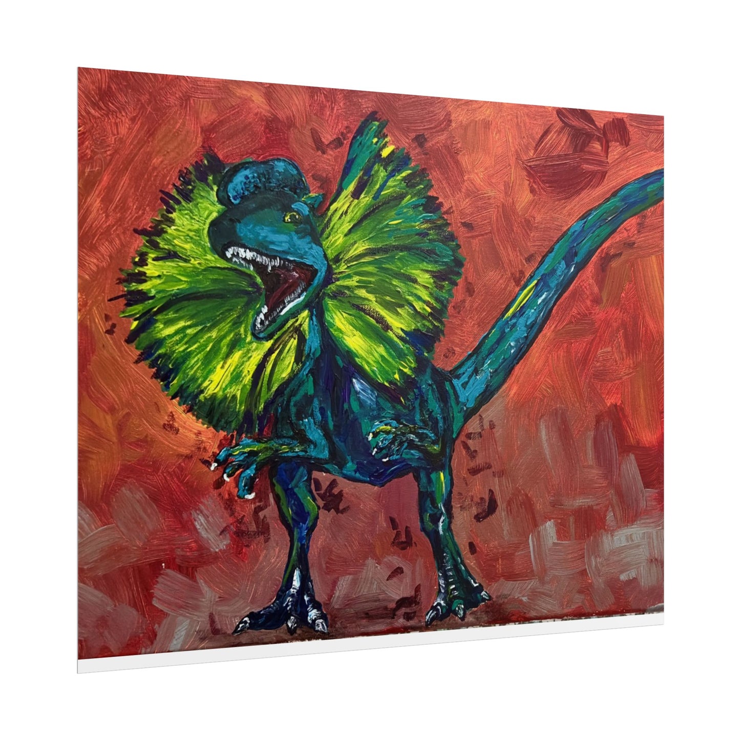 Vibrant Dinosaur Dilophosaurus Art Poster, Whimsical Wall Décor, Home Office Prints, Kids Room Decoration, Unique Gift Idea