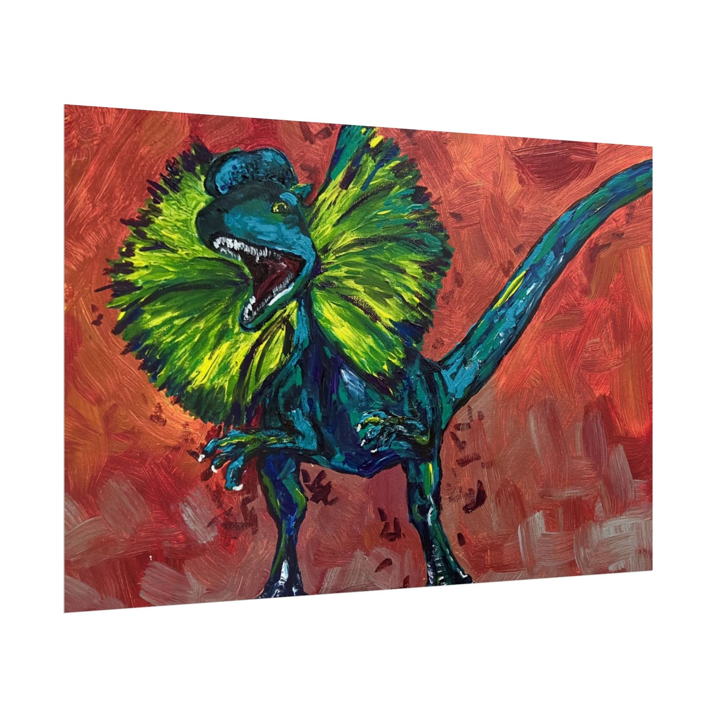 Vibrant Dinosaur Dilophosaurus Art Poster, Whimsical Wall Décor, Home Office Prints, Kids Room Decoration, Unique Gift Idea