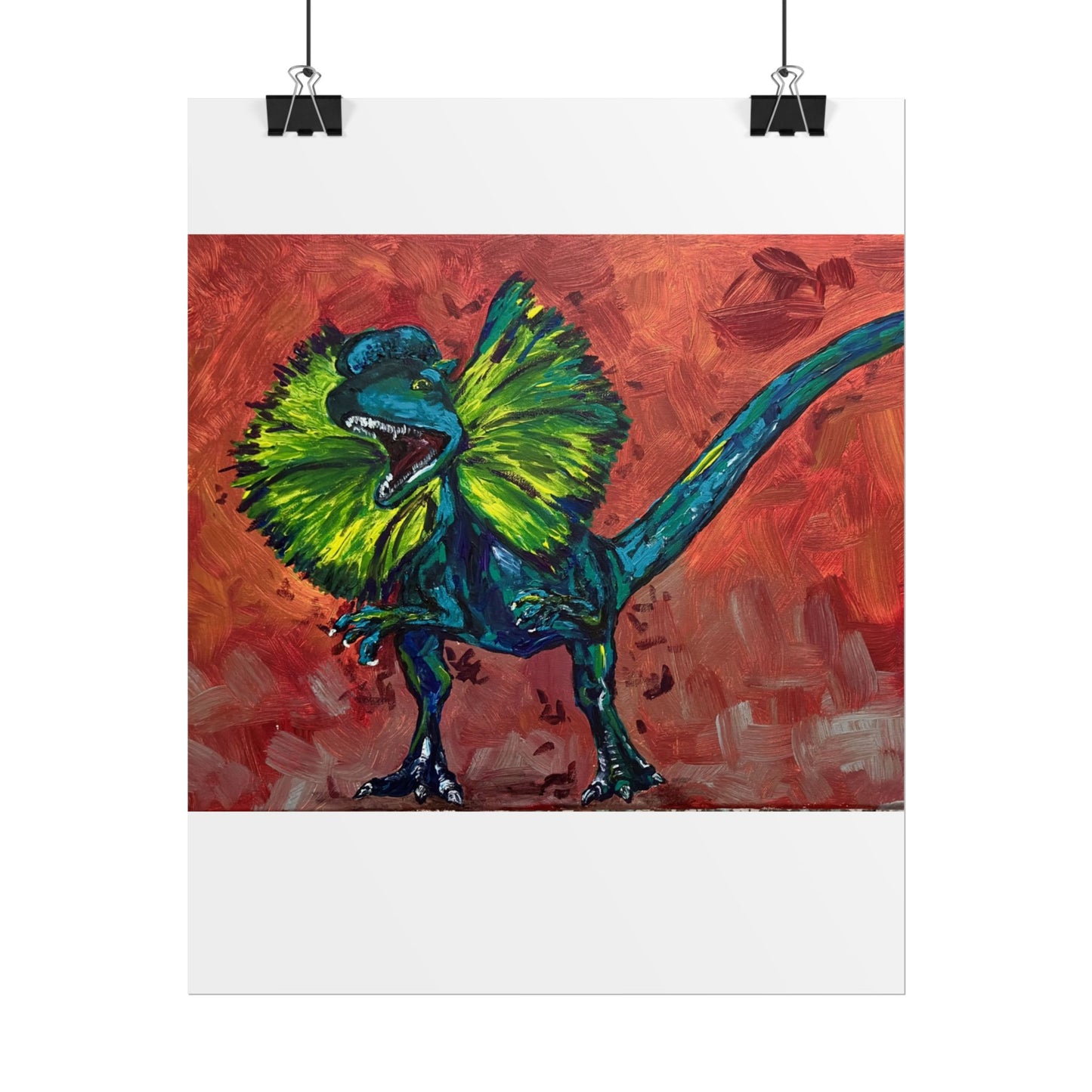Vibrant Dinosaur Dilophosaurus Art Poster, Whimsical Wall Décor, Home Office Prints, Kids Room Decoration, Unique Gift Idea