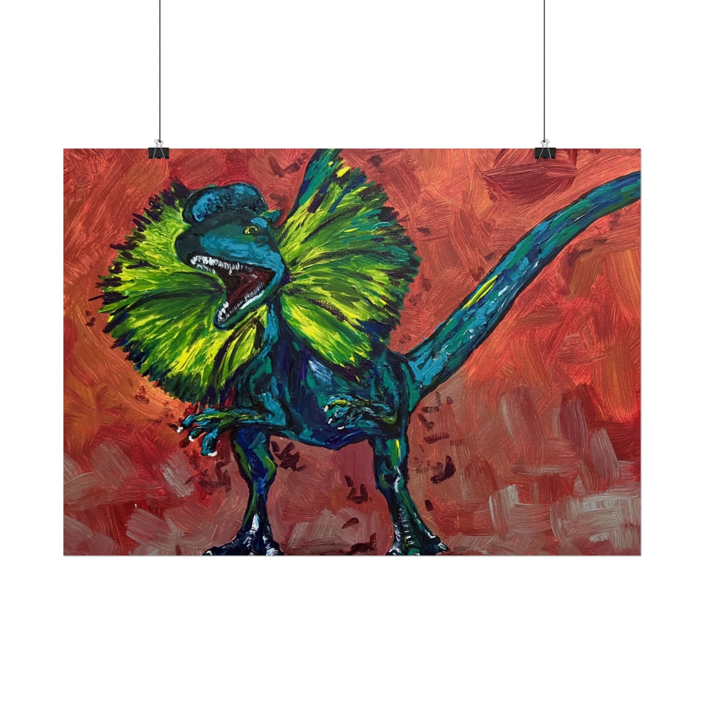 Vibrant Dinosaur Dilophosaurus Art Poster, Whimsical Wall Décor, Home Office Prints, Kids Room Decoration, Unique Gift Idea