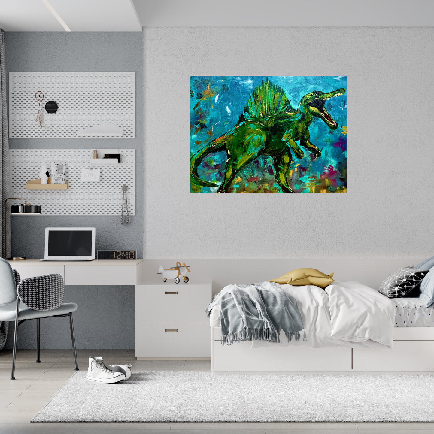Dinosaur Art Print Poster, Spinosaurus Wall Decor, Kids Room Artwork, Jurassic Theme Gift, Educational Poster, Vibrant Dinosaur Art