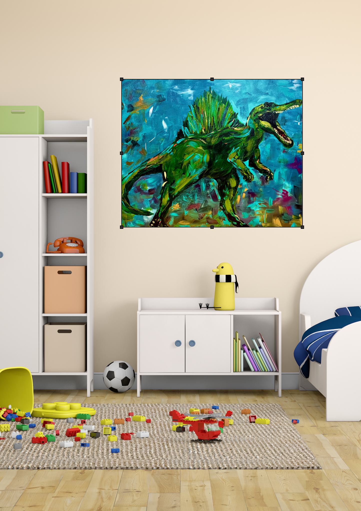 Dinosaur Art Print Poster, Spinosaurus Wall Decor, Kids Room Artwork, Jurassic Theme Gift, Educational Poster, Vibrant Dinosaur Art