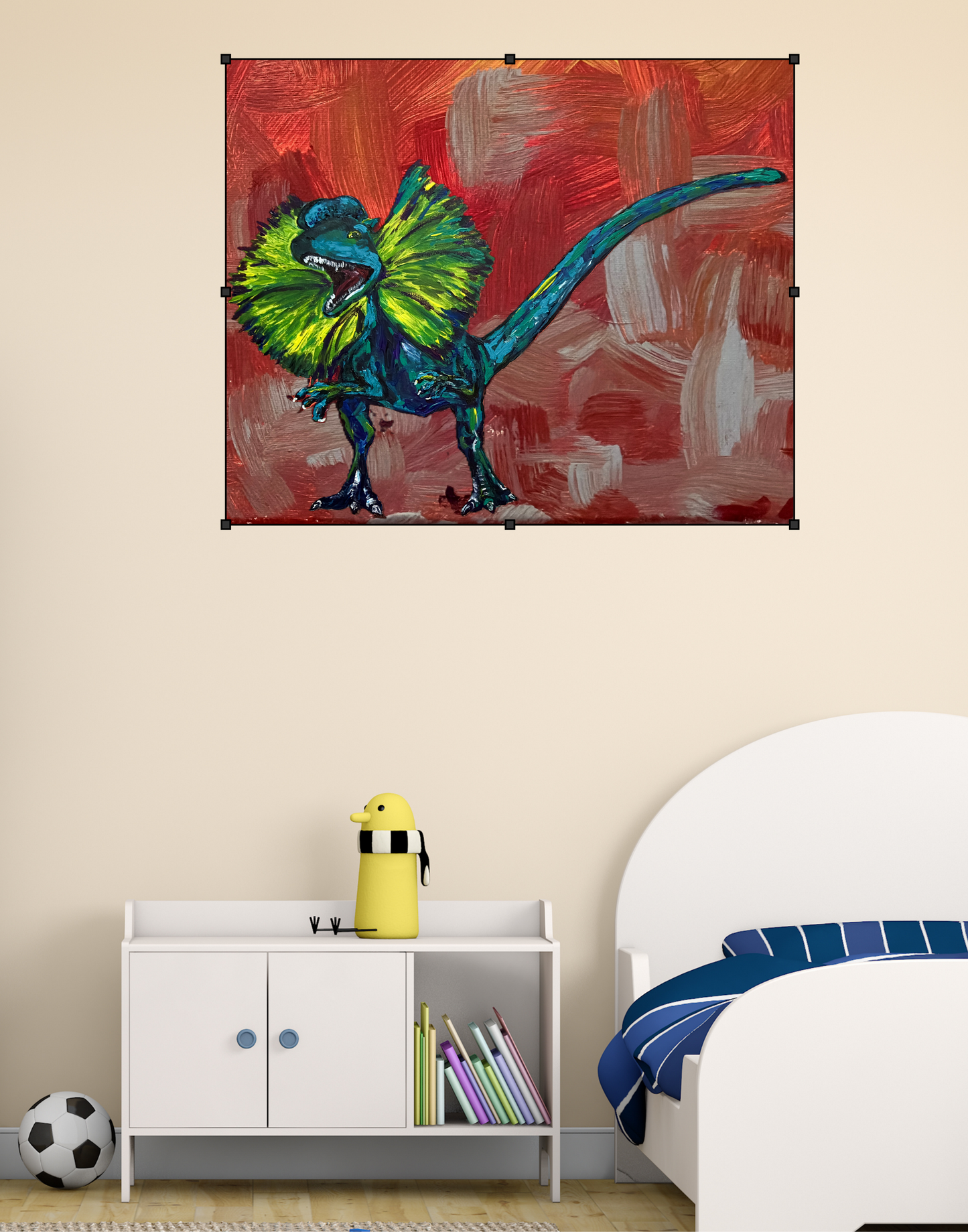 Vibrant Dinosaur Art Poster, Colorful Frilled Dilophosaurus Original Artwork Print