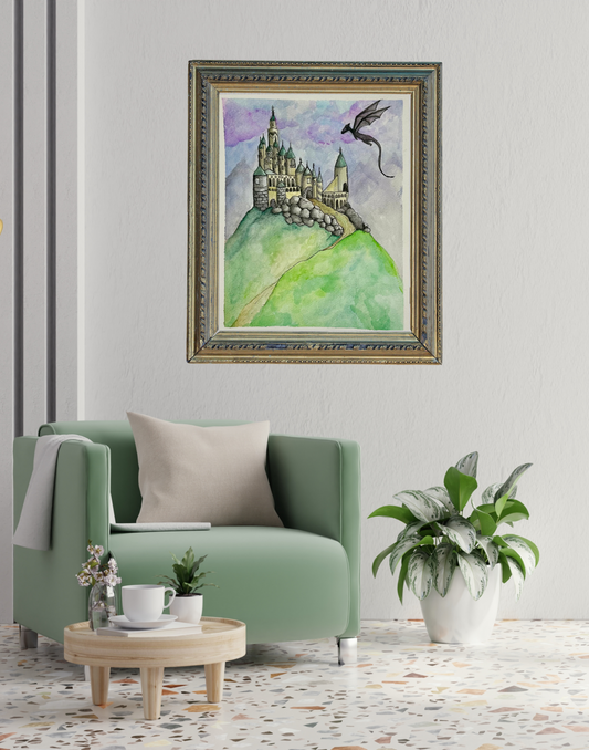 Fantasy Castle Rolled Poster, Dragon Artwork Print, Magical Wall Decor, Gift for Fantasy Lovers, Home Decor