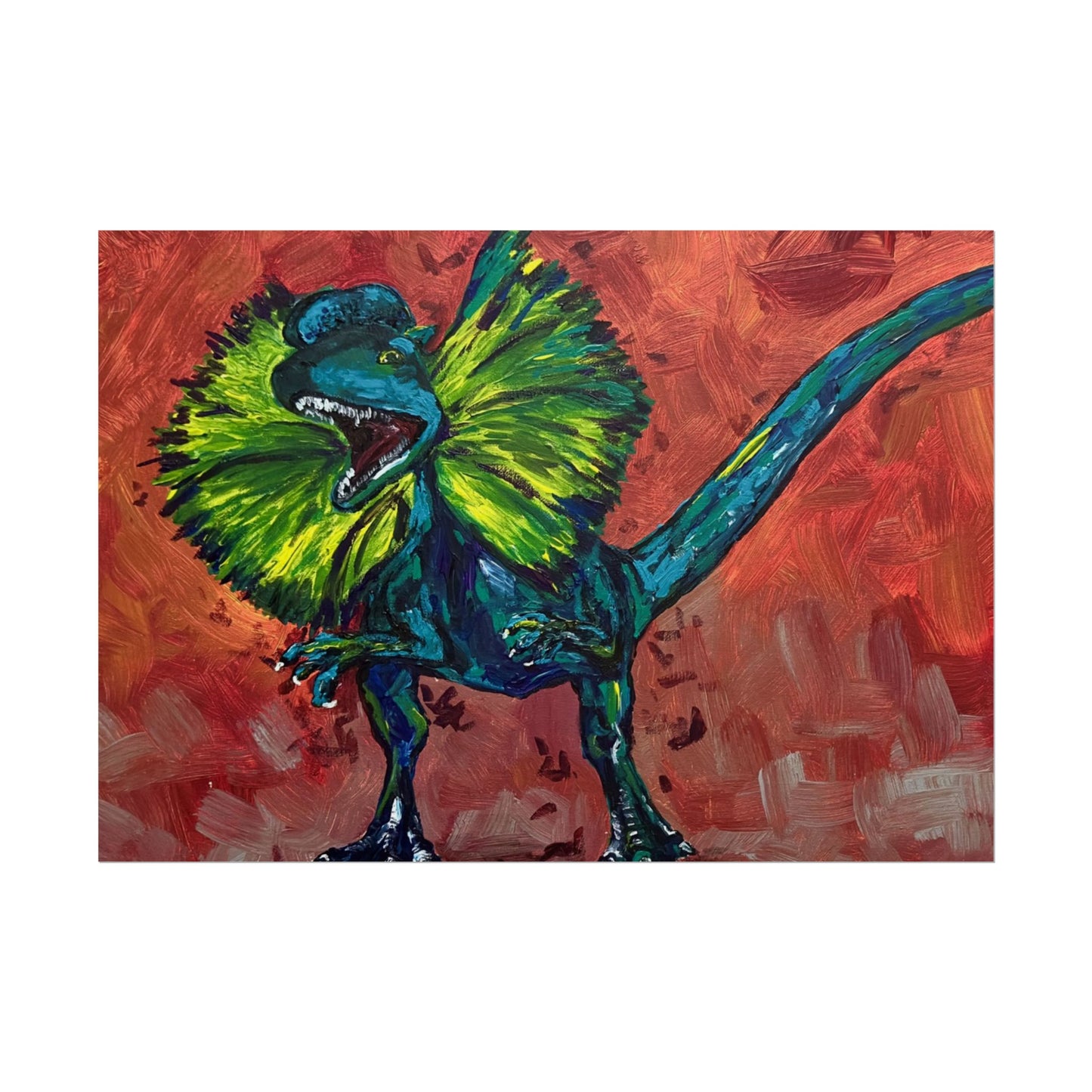 Vibrant Dinosaur Dilophosaurus Art Poster, Whimsical Wall Décor, Home Office Prints, Kids Room Decoration, Unique Gift Idea