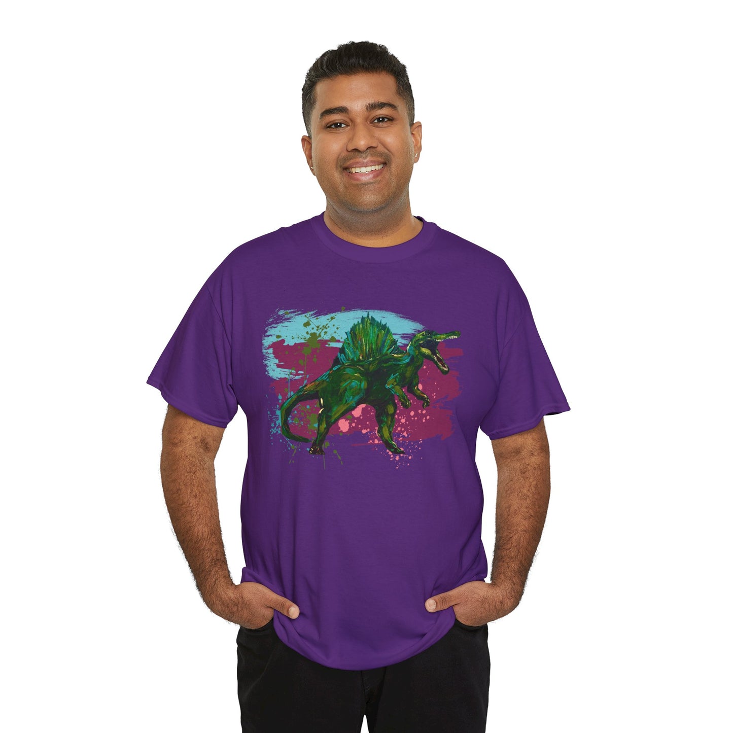 Vibrant Spinosaurus Dinosaur Wearable Art Unisex Heavy Cotton Tee, Eco-Friendly Fashion