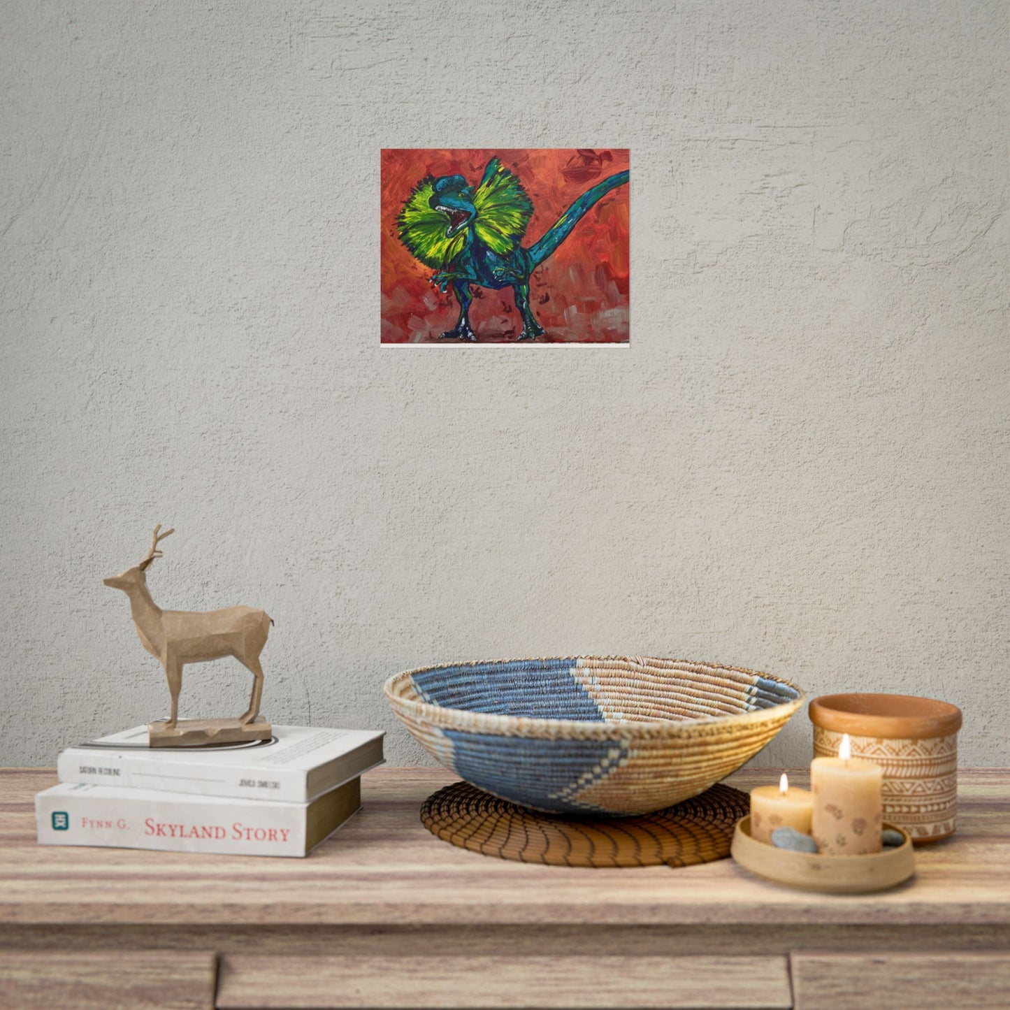 Vibrant Dinosaur Dilophosaurus Art Poster, Whimsical Wall Décor, Home Office Prints, Kids Room Decoration, Unique Gift Idea