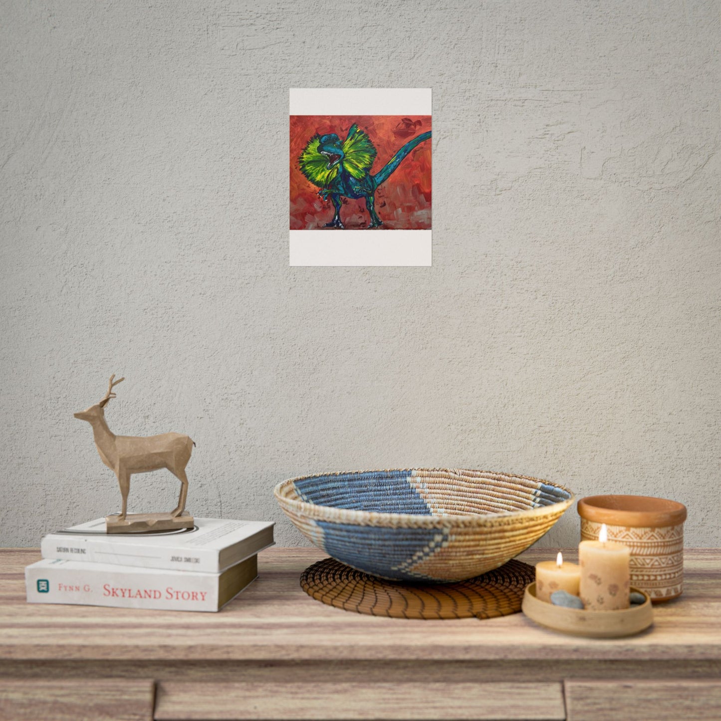 Vibrant Dinosaur Dilophosaurus Art Poster, Whimsical Wall Décor, Home Office Prints, Kids Room Decoration, Unique Gift Idea