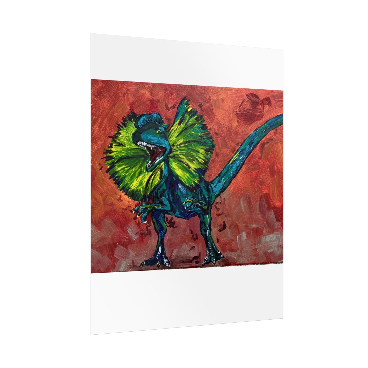 Vibrant Dinosaur Dilophosaurus Art Poster, Whimsical Wall Décor, Home Office Prints, Kids Room Decoration, Unique Gift Idea