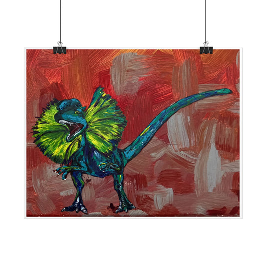Vibrant Dinosaur Art Poster, Colorful Frilled Dilophosaurus Original Artwork Print