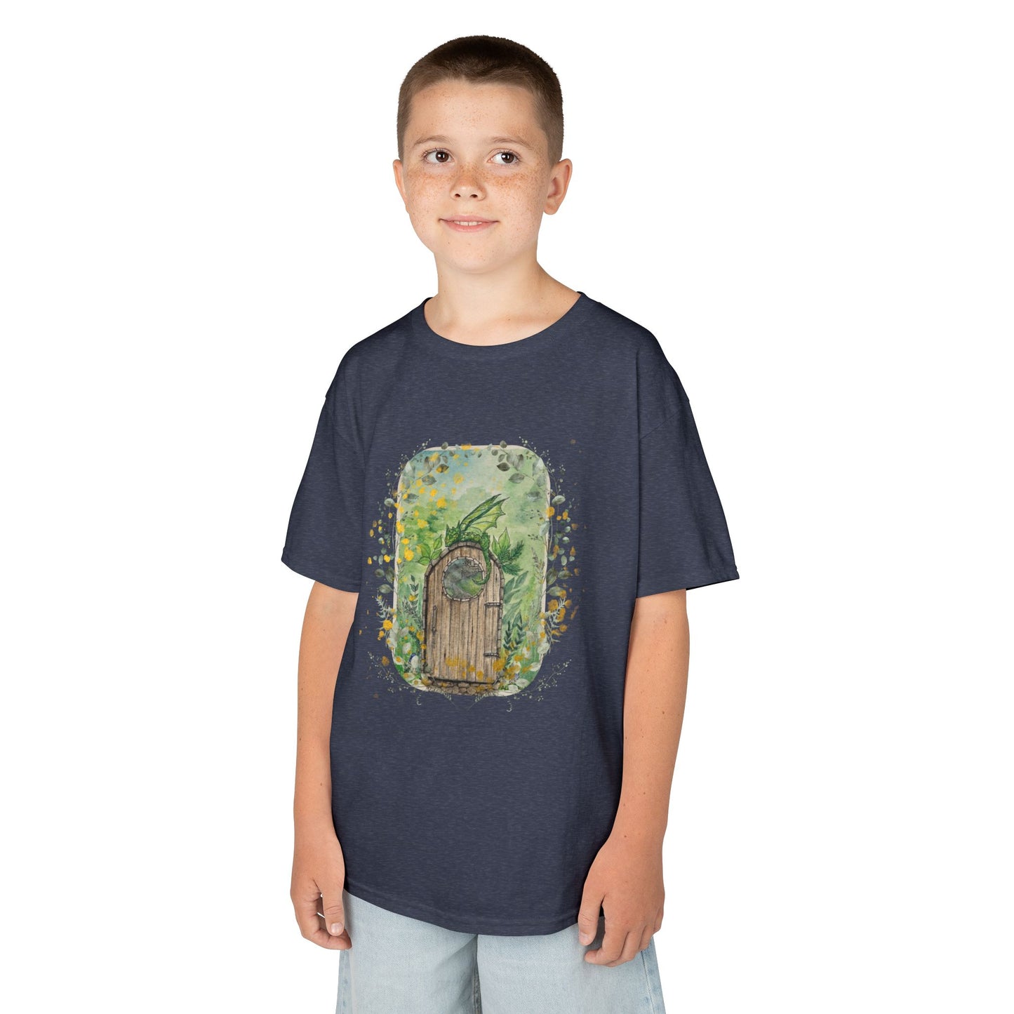 Whimsical Dragon Garden Door Kids Tee, Playful Cotton T-Shirt for Boys and Girls, Nature-Inspired Apparel, Perfect Gift for Birthdays
