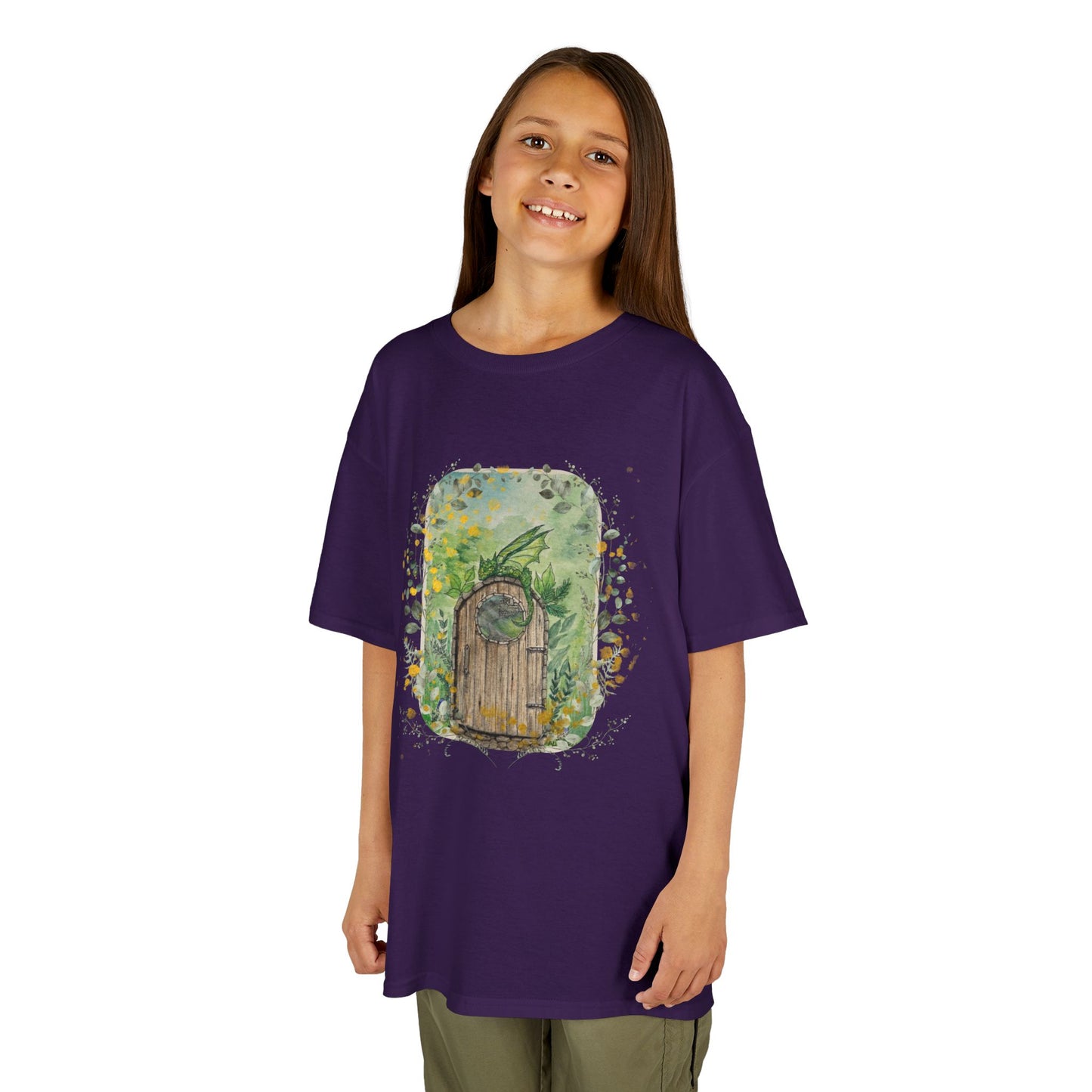 Whimsical Dragon Garden Door Kids Tee, Playful Cotton T-Shirt for Boys and Girls, Nature-Inspired Apparel, Perfect Gift for Birthdays
