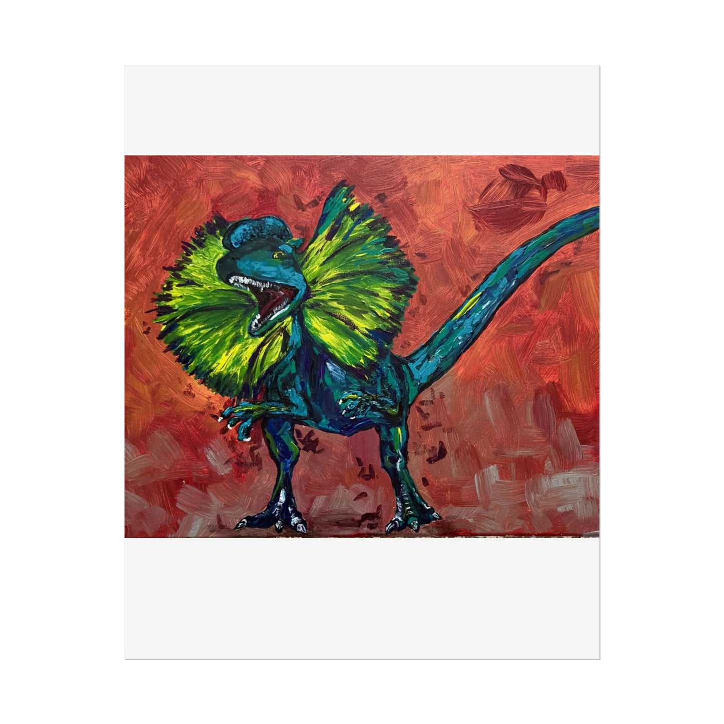 Vibrant Dinosaur Dilophosaurus Art Poster, Whimsical Wall Décor, Home Office Prints, Kids Room Decoration, Unique Gift Idea