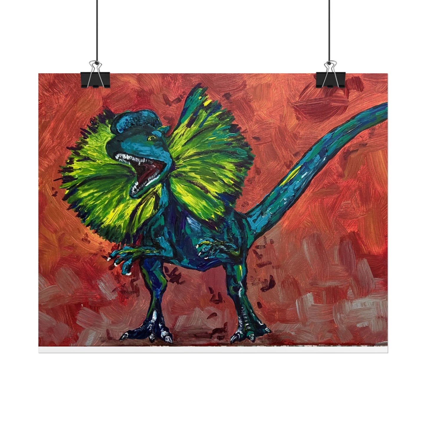 Vibrant Dinosaur Dilophosaurus Art Poster, Whimsical Wall Décor, Home Office Prints, Kids Room Decoration, Unique Gift Idea