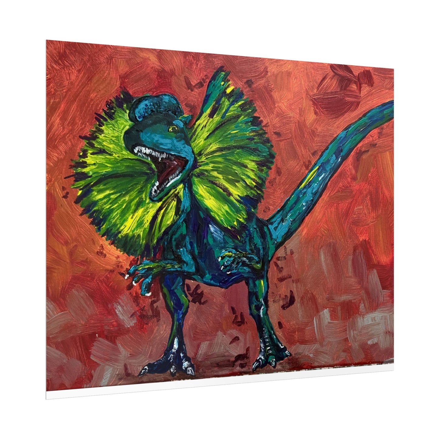 Vibrant Dinosaur Dilophosaurus Art Poster, Whimsical Wall Décor, Home Office Prints, Kids Room Decoration, Unique Gift Idea