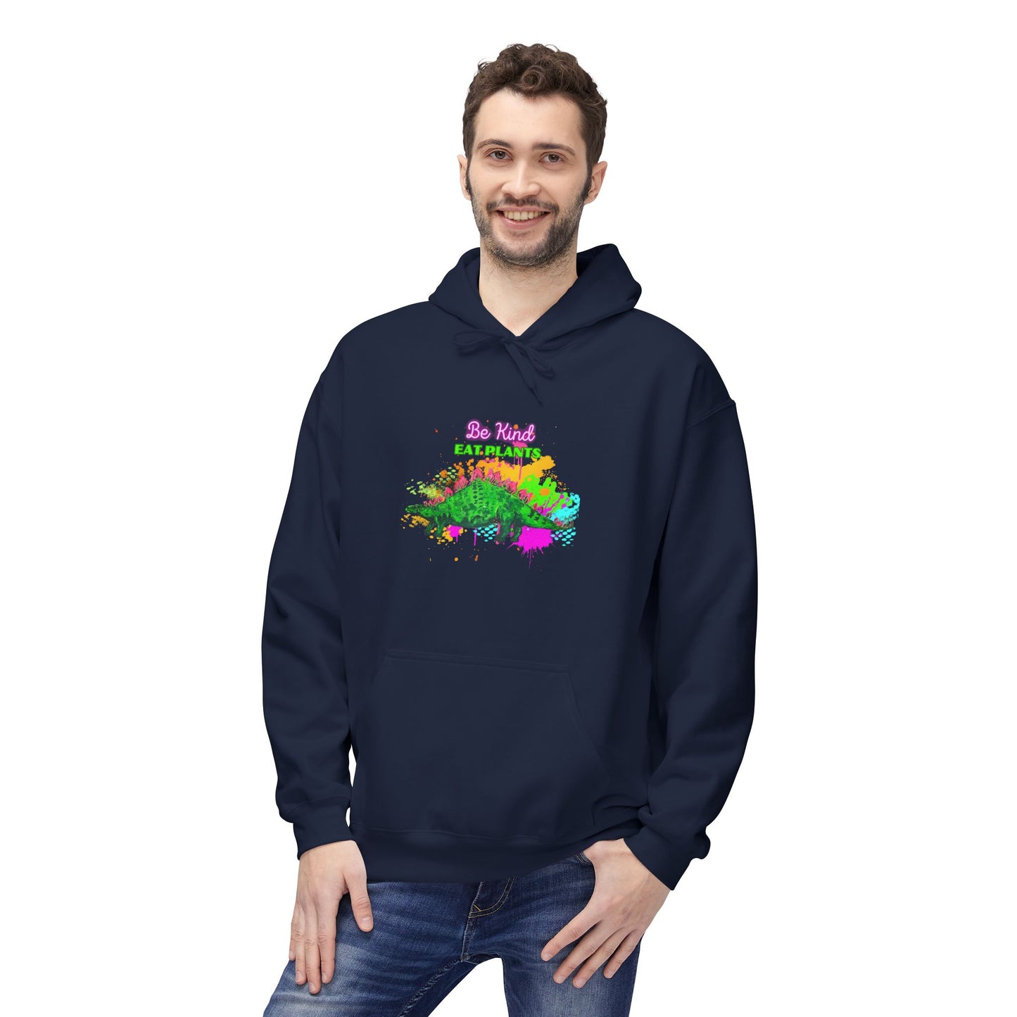 Vibrant Inspirational Steggy Dino Hoodie, Be KIND eat Plants, Colorful Fleece Sweatshirt, Casual Wear, Gift for Friends, Motivation Apparel