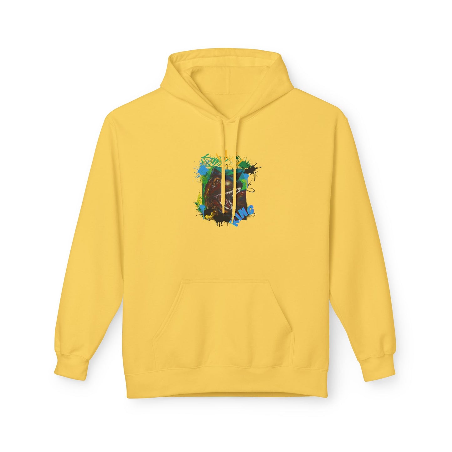 Artistic T-Rex Dino KING Fleece Hoodie, Cozy Sweatshirt, Colorful Hoodie for Art Lovers, Unisex Pullover, Great for Gifts, Casual Wear