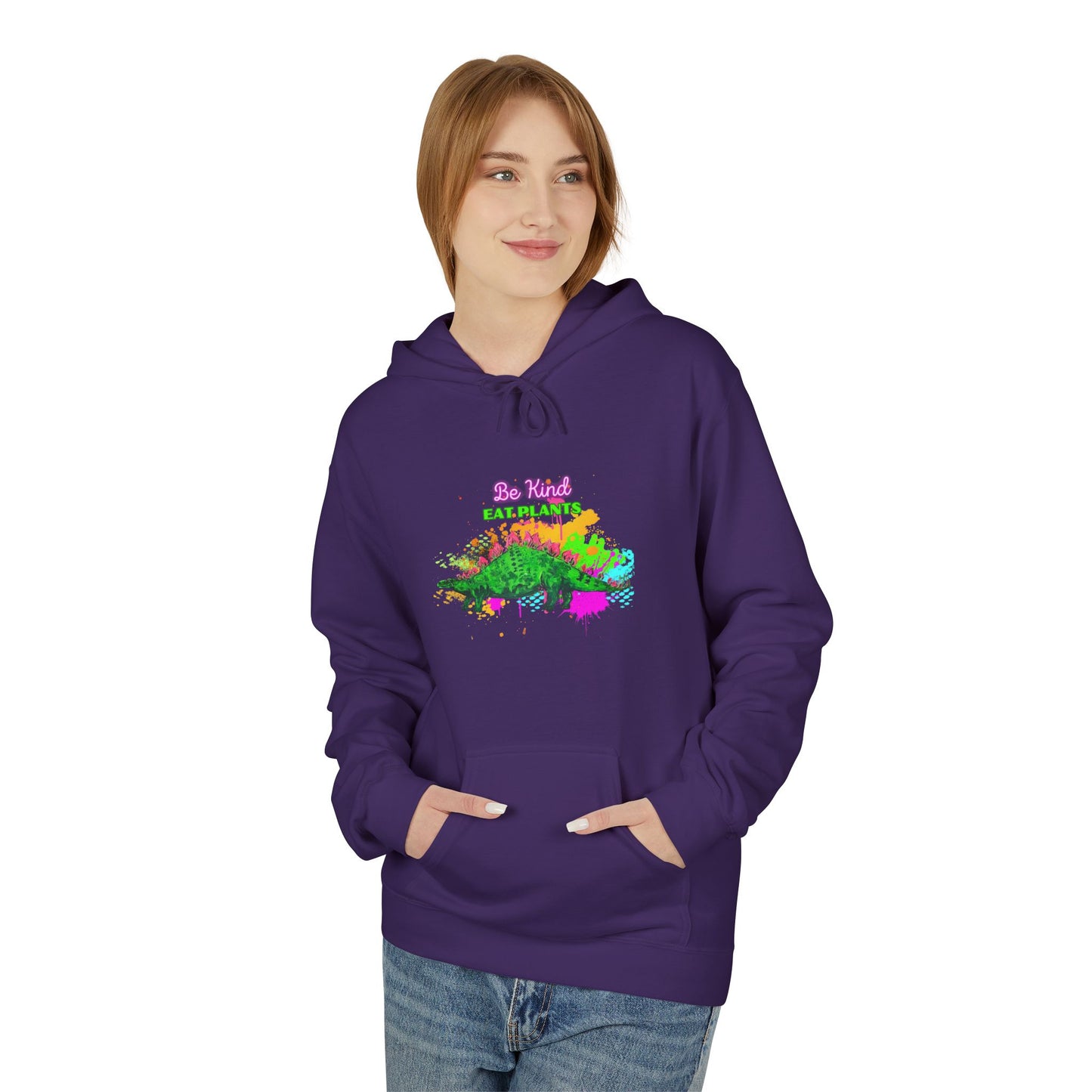 Vibrant Inspirational Steggy Dino Hoodie, Be KIND eat Plants, Colorful Fleece Sweatshirt, Casual Wear, Gift for Friends, Motivation Apparel