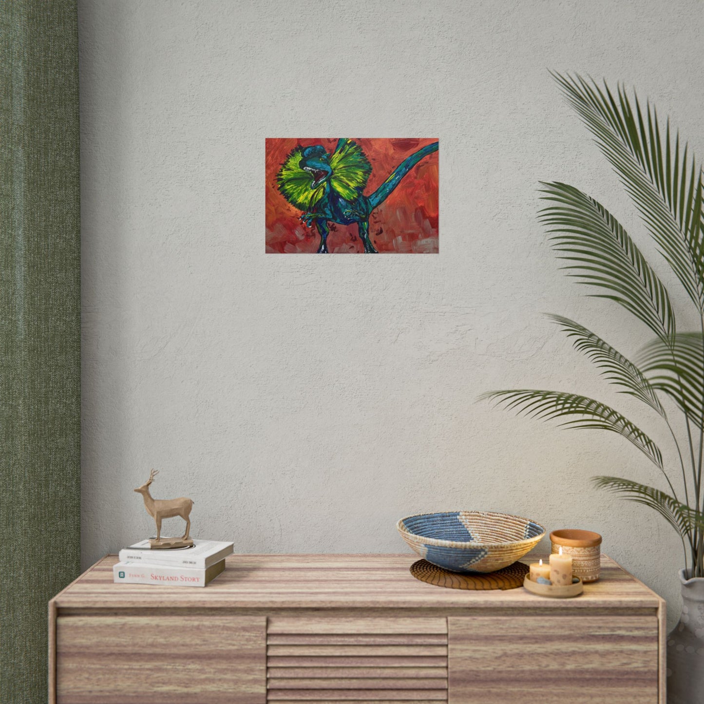 Vibrant Dinosaur Dilophosaurus Art Poster, Whimsical Wall Décor, Home Office Prints, Kids Room Decoration, Unique Gift Idea