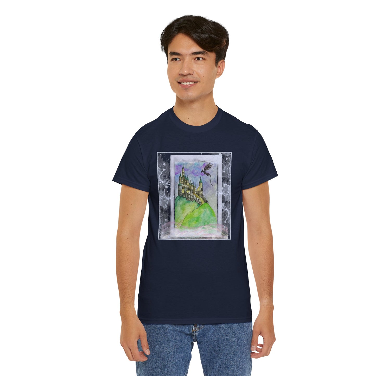 Dragon Castle Tee, Fantasy T-Shirt, Unisex Graphic Tee, Whimsical Apparel, Gift for Dreamers, Unique Artwork Shirt