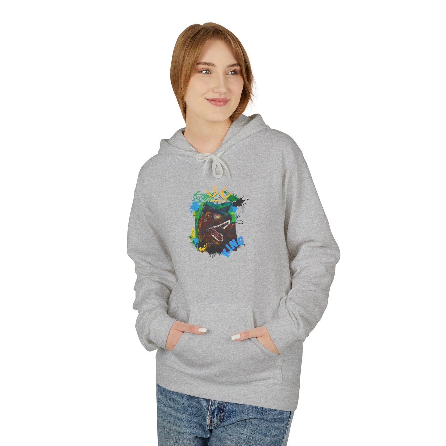 Artistic T-Rex Dino KING Fleece Hoodie, Cozy Sweatshirt, Colorful Hoodie for Art Lovers, Unisex Pullover, Great for Gifts, Casual Wear