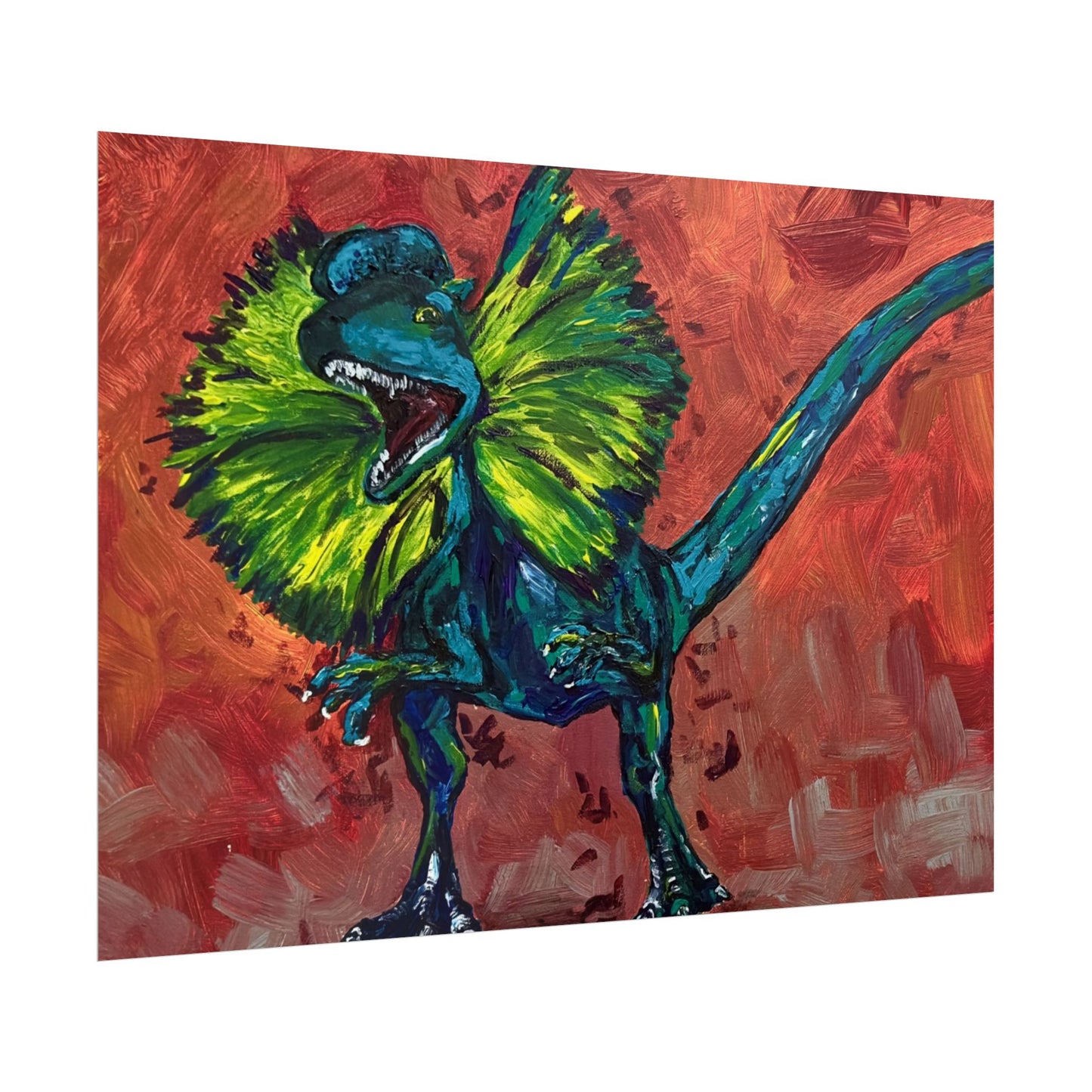 Vibrant Dinosaur Dilophosaurus Art Poster, Whimsical Wall Décor, Home Office Prints, Kids Room Decoration, Unique Gift Idea