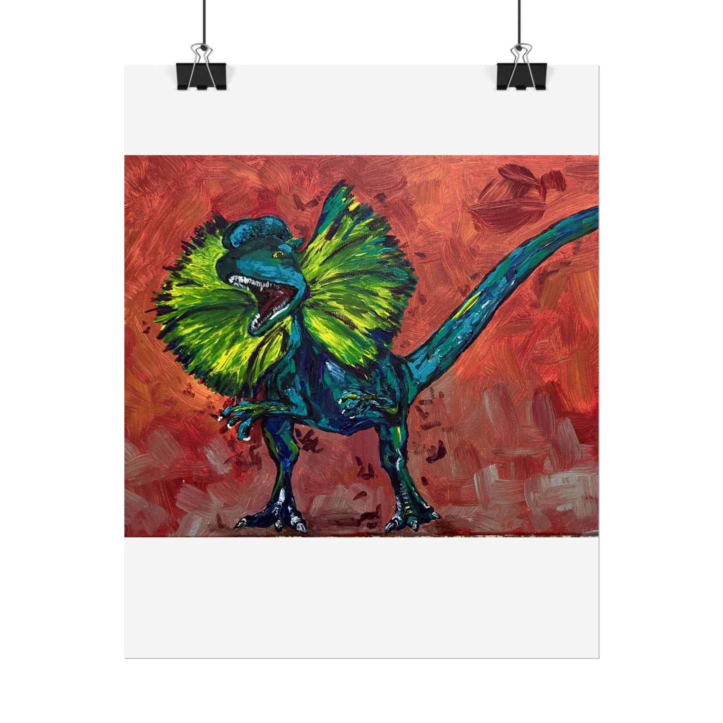 Vibrant Dinosaur Dilophosaurus Art Poster, Whimsical Wall Décor, Home Office Prints, Kids Room Decoration, Unique Gift Idea