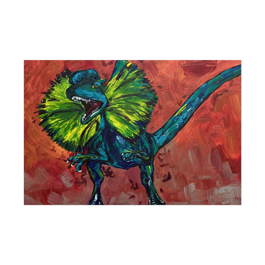 Vibrant Dinosaur Dilophosaurus Art Poster, Whimsical Wall Décor, Home Office Prints, Kids Room Decoration, Unique Gift Idea