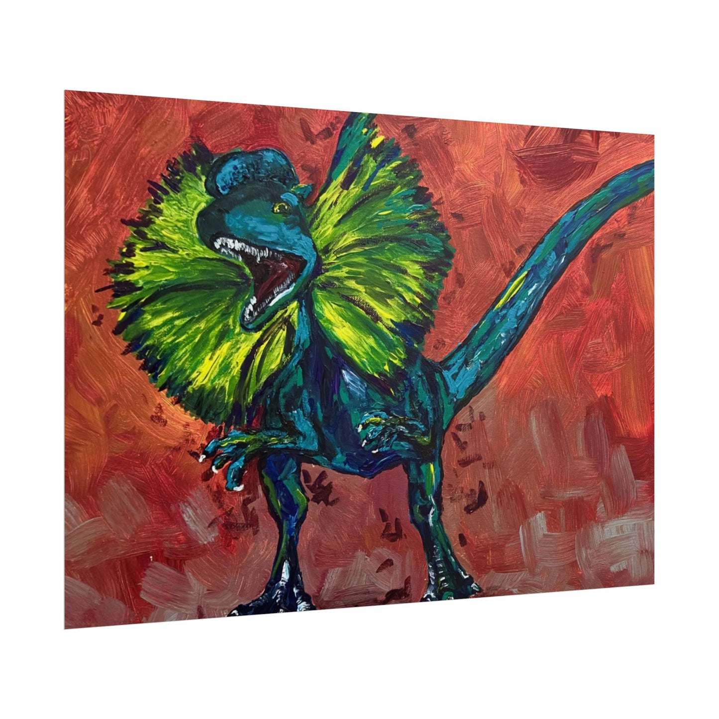 Vibrant Dinosaur Dilophosaurus Art Poster, Whimsical Wall Décor, Home Office Prints, Kids Room Decoration, Unique Gift Idea