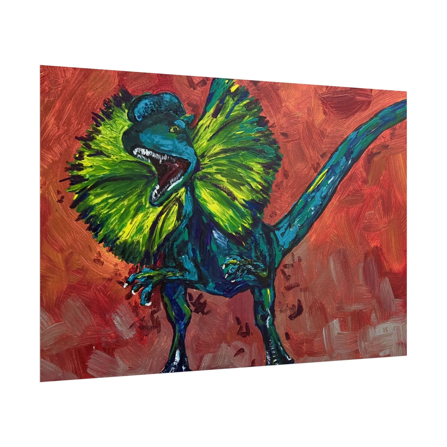 Vibrant Dinosaur Dilophosaurus Art Poster, Whimsical Wall Décor, Home Office Prints, Kids Room Decoration, Unique Gift Idea