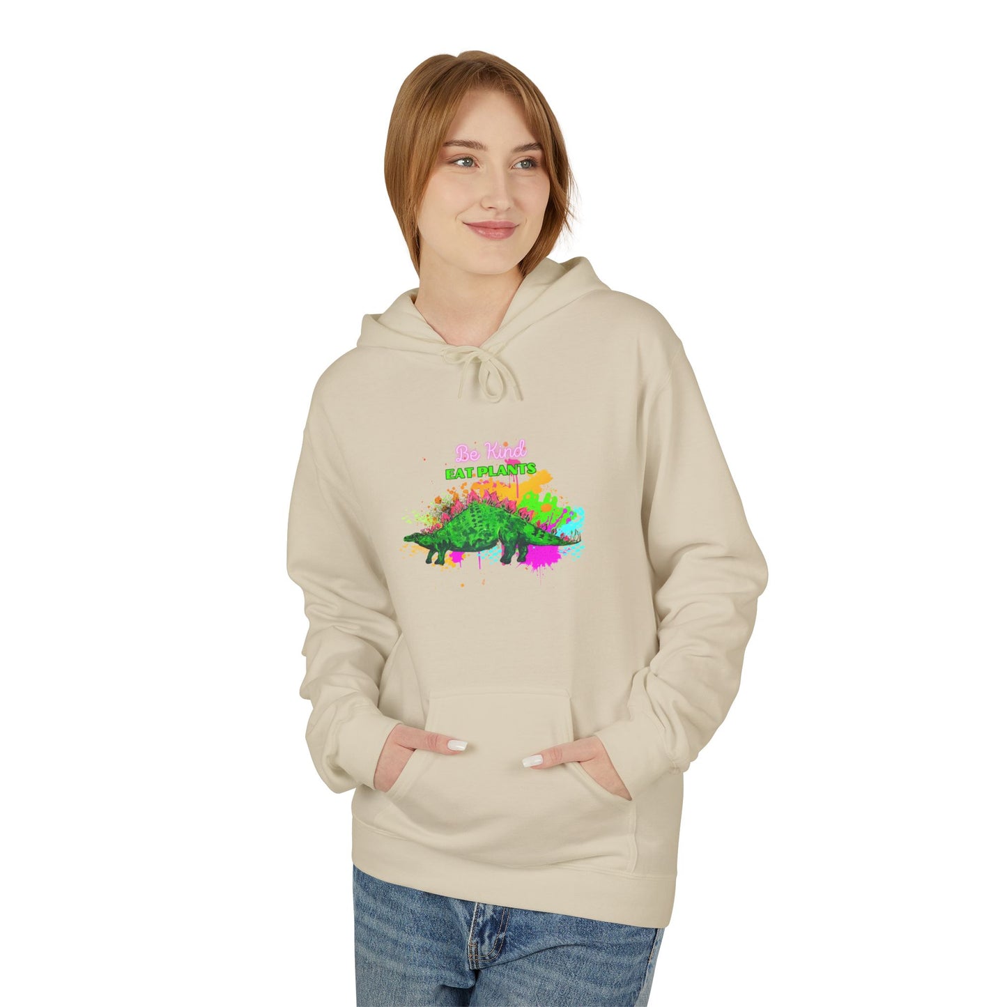 Vibrant Inspirational Steggy Dino Hoodie, Be KIND eat Plants, Colorful Fleece Sweatshirt, Casual Wear, Gift for Friends, Motivation Apparel