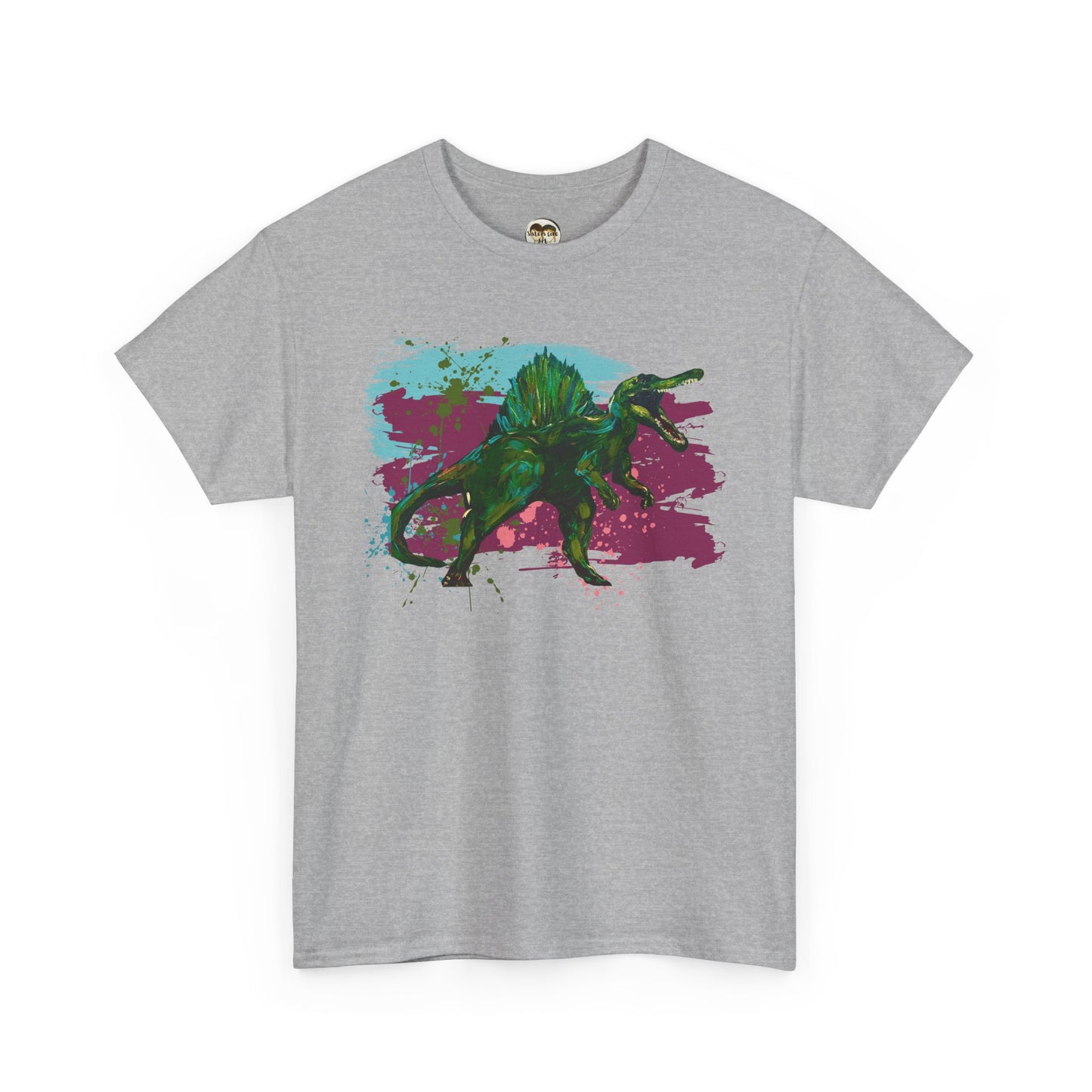 Vibrant Spinosaurus Dinosaur Wearable Art Unisex Heavy Cotton Tee, Eco-Friendly Fashion