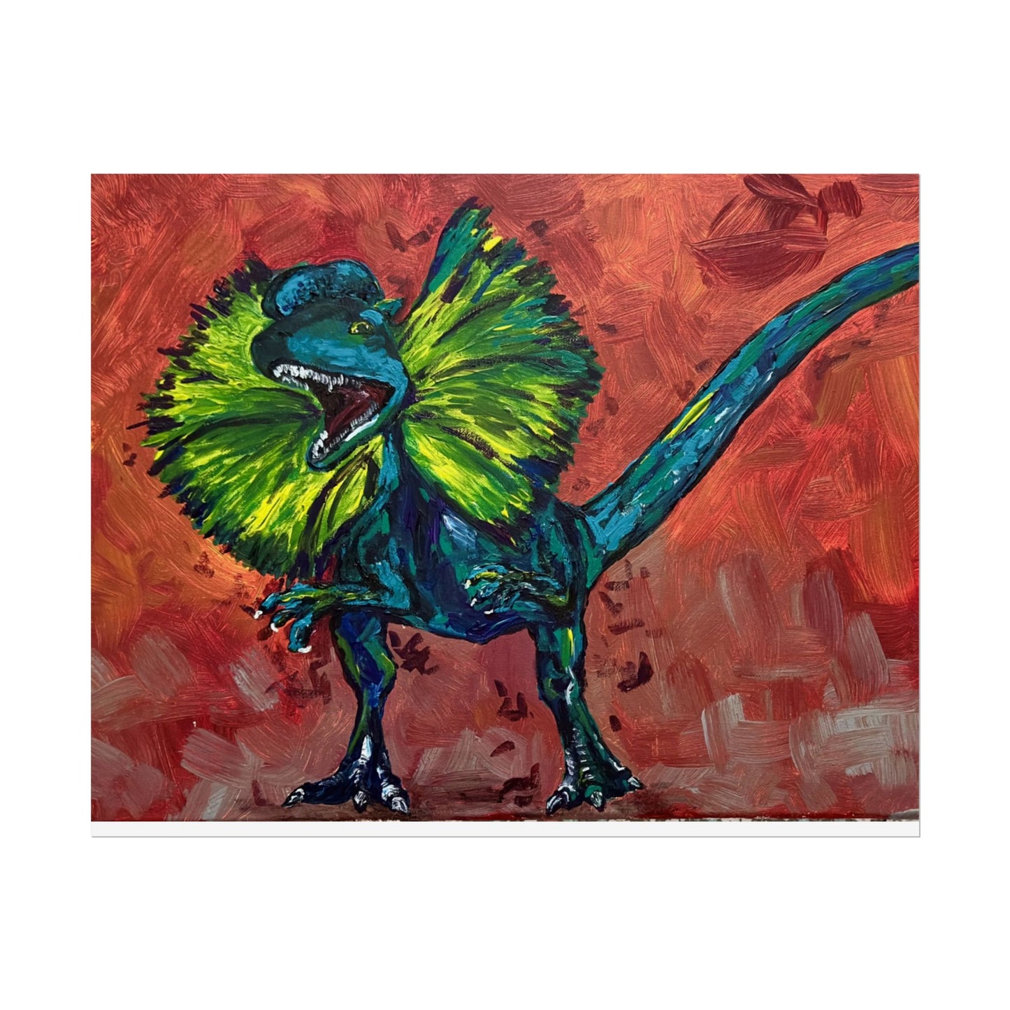 Vibrant Dinosaur Dilophosaurus Art Poster, Whimsical Wall Décor, Home Office Prints, Kids Room Decoration, Unique Gift Idea