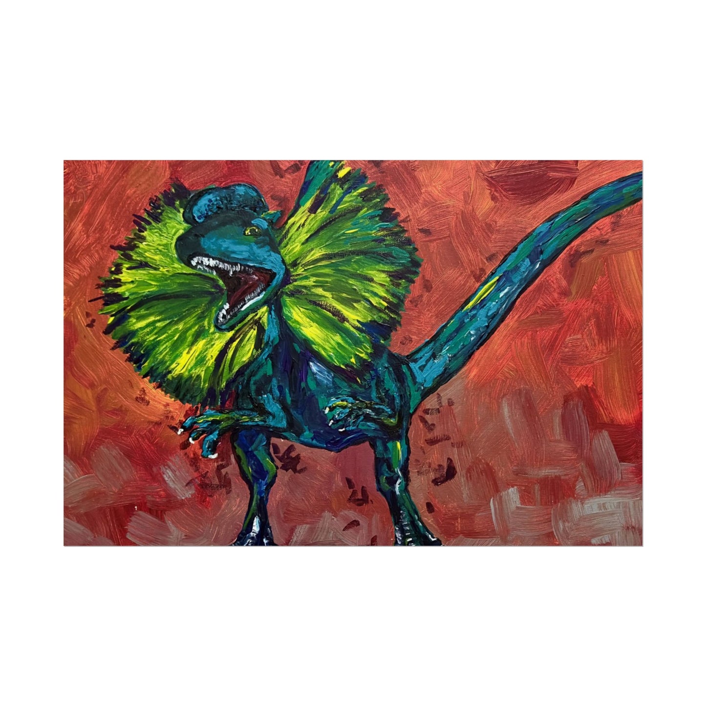 Vibrant Dinosaur Dilophosaurus Art Poster, Whimsical Wall Décor, Home Office Prints, Kids Room Decoration, Unique Gift Idea