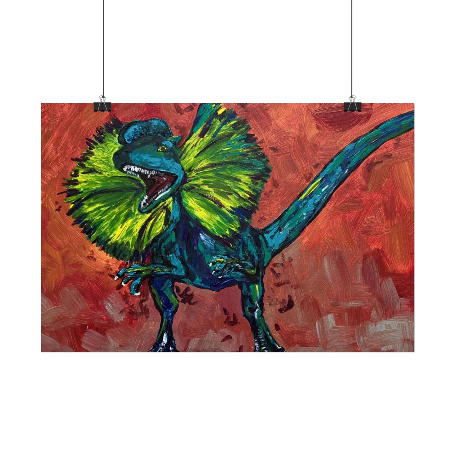 Vibrant Dinosaur Dilophosaurus Art Poster, Whimsical Wall Décor, Home Office Prints, Kids Room Decoration, Unique Gift Idea