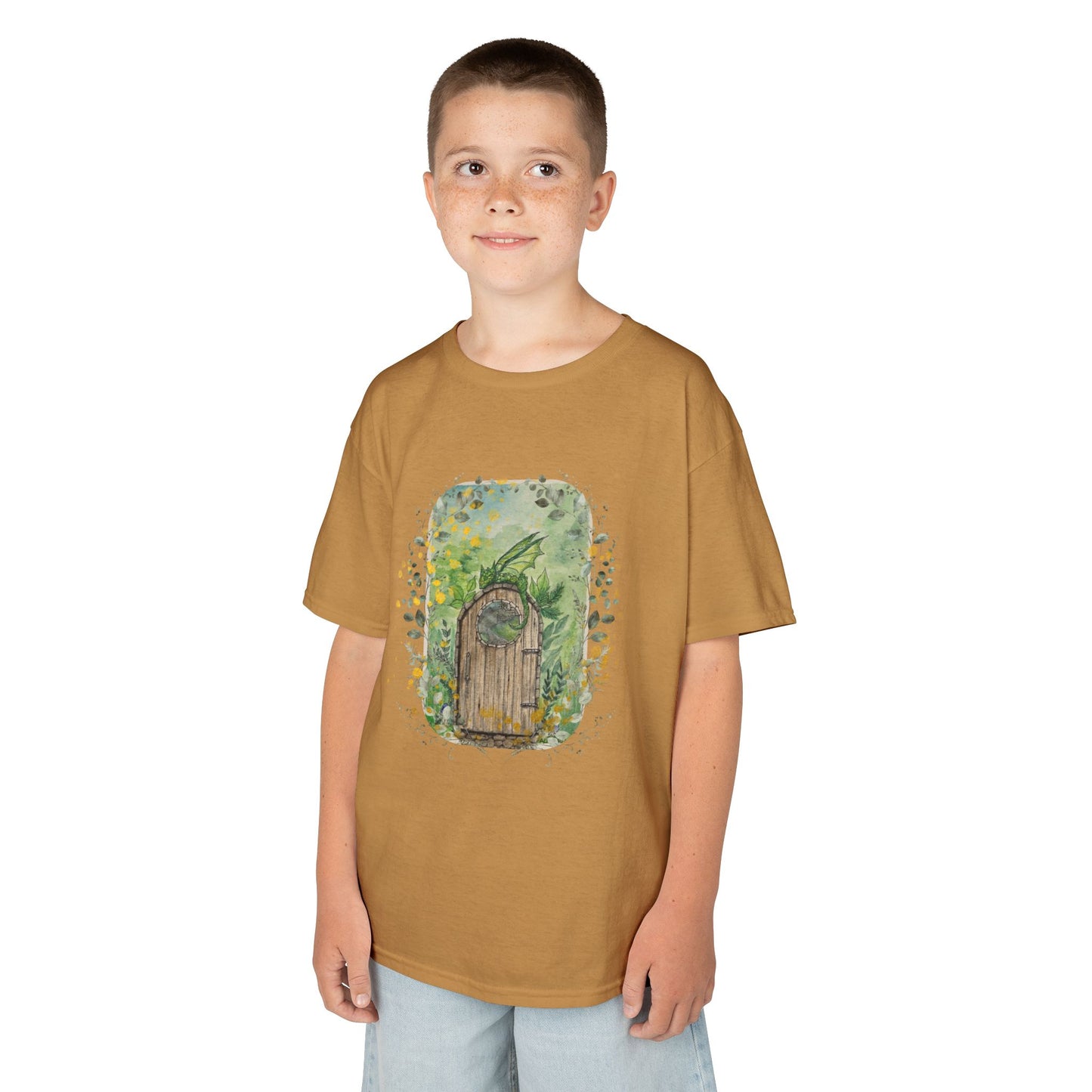 Whimsical Dragon Garden Door Kids Tee, Playful Cotton T-Shirt for Boys and Girls, Nature-Inspired Apparel, Perfect Gift for Birthdays