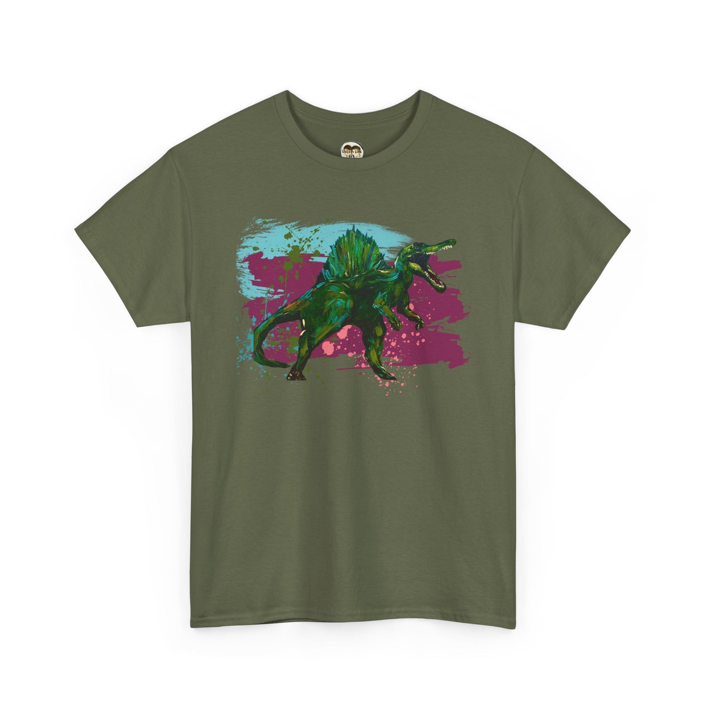 Vibrant Spinosaurus Dinosaur Wearable Art Unisex Heavy Cotton Tee, Eco-Friendly Fashion