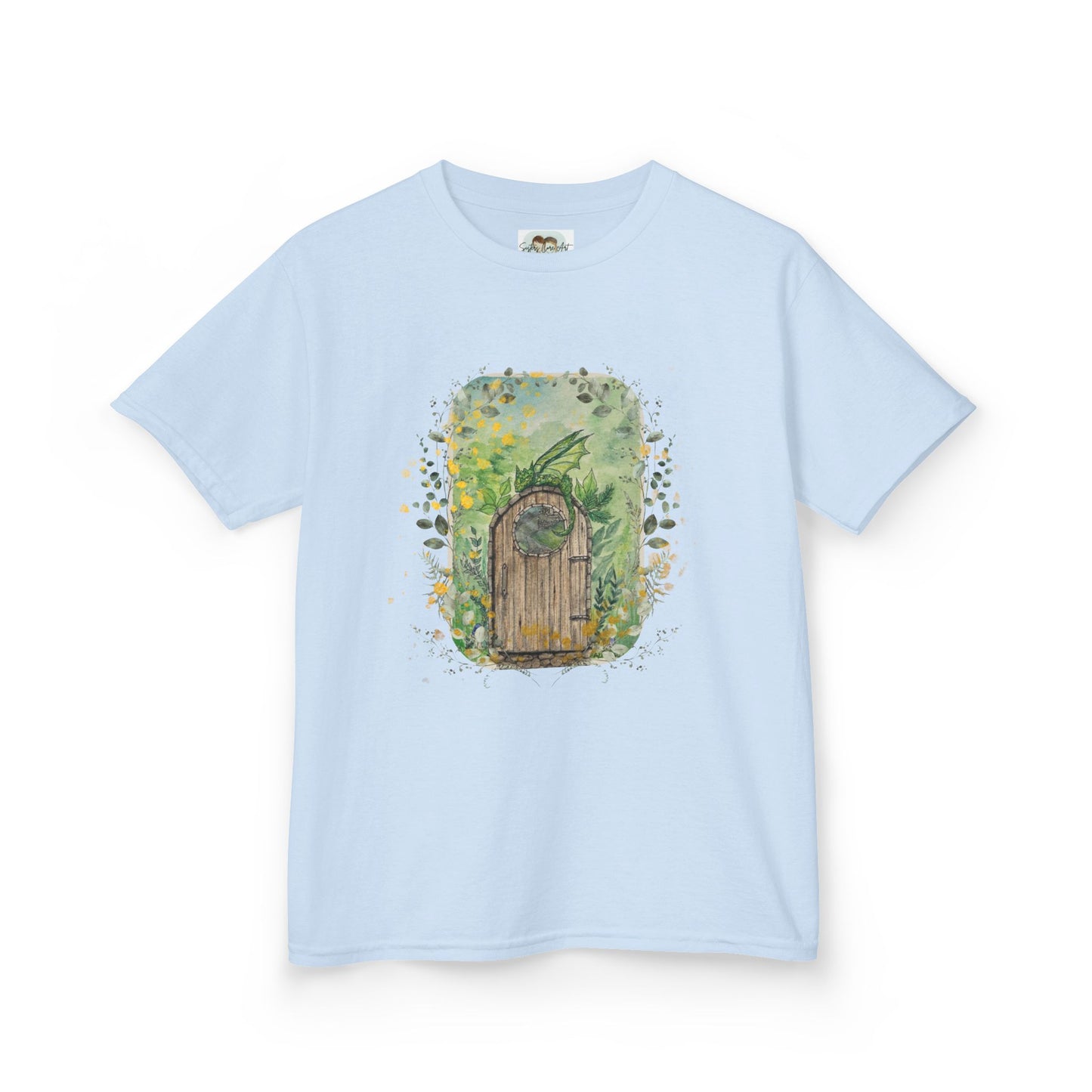 Whimsical Dragon Garden Door Kids Tee, Playful Cotton T-Shirt for Boys and Girls, Nature-Inspired Apparel, Perfect Gift for Birthdays