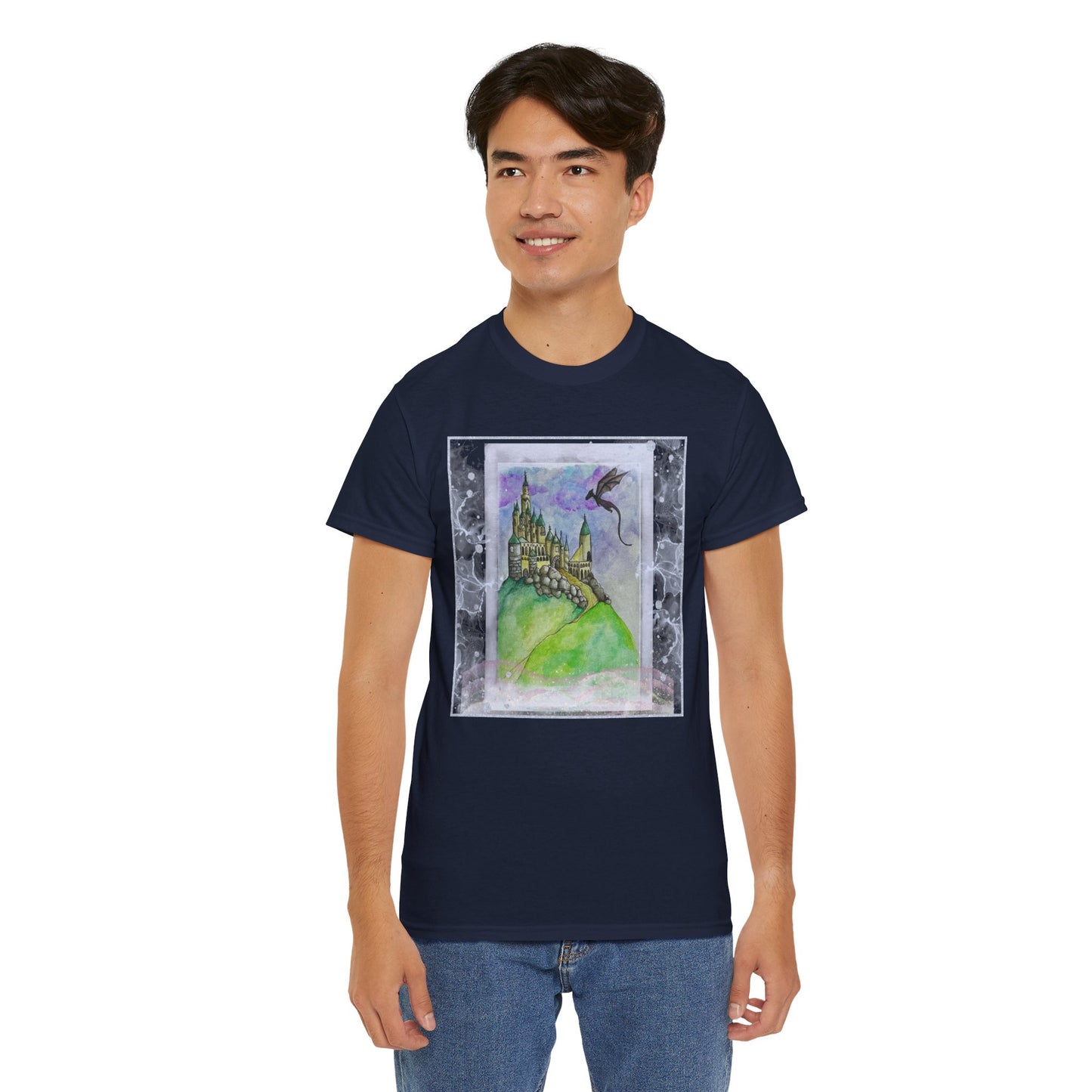 Dragon Castle Tee, Fantasy T-Shirt, Unisex Graphic Tee, Whimsical Apparel, Gift for Dreamers, Unique Artwork Shirt