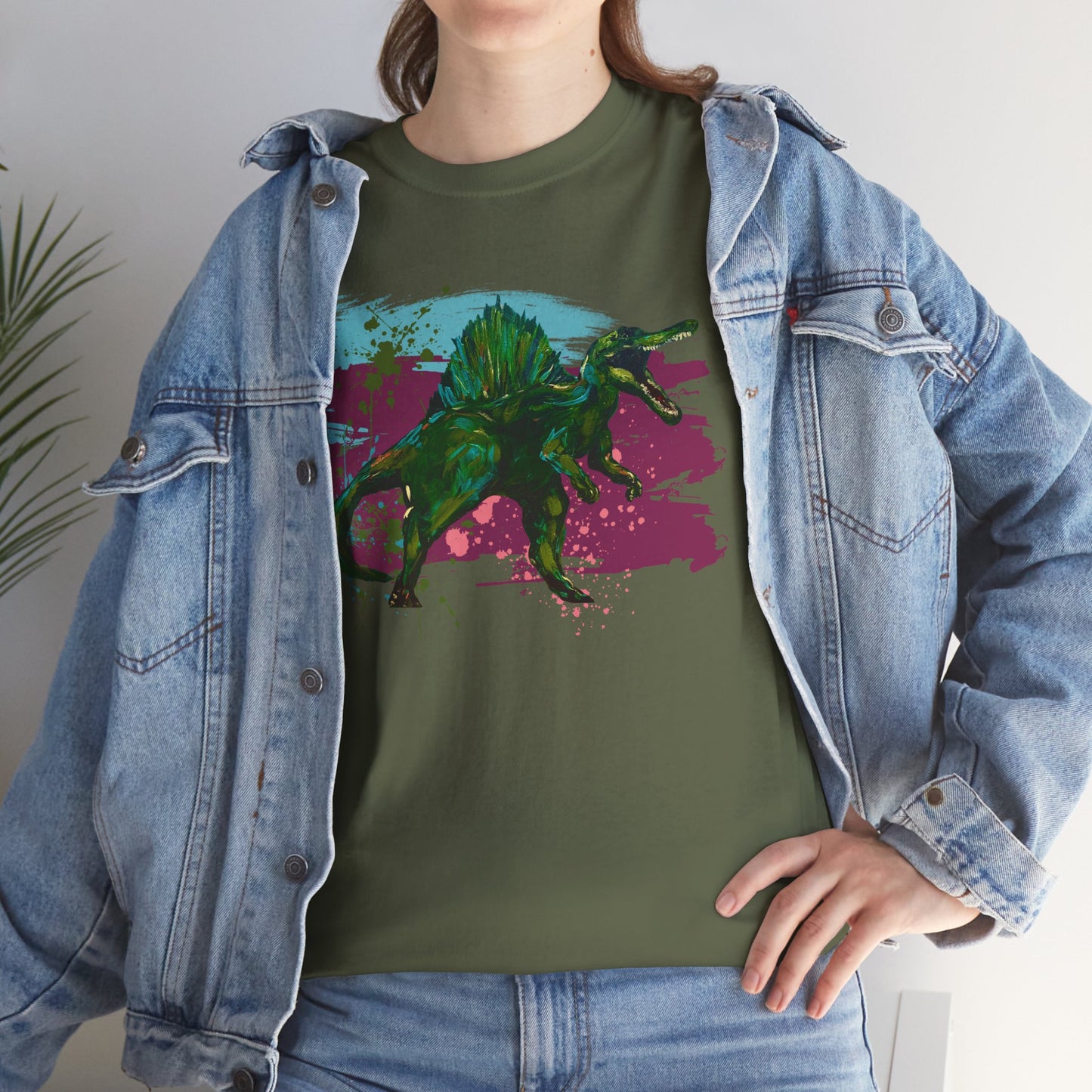 Vibrant Spinosaurus Dinosaur Wearable Art Unisex Heavy Cotton Tee, Eco-Friendly Fashion