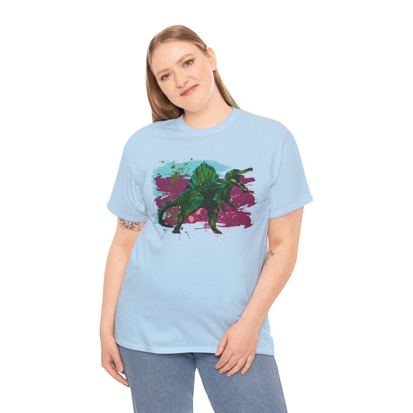 Vibrant Spinosaurus Dinosaur Wearable Art Unisex Heavy Cotton Tee, Eco-Friendly Fashion